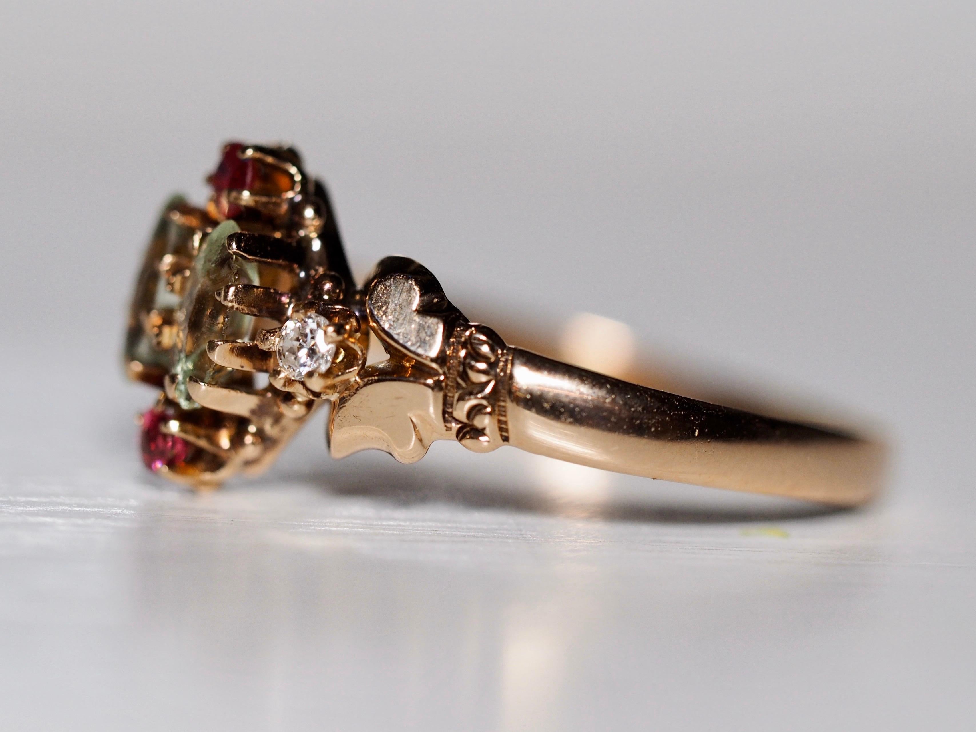 Anello vittoriano in oro rosa 14 carati con diamante e vetro in vendita 1