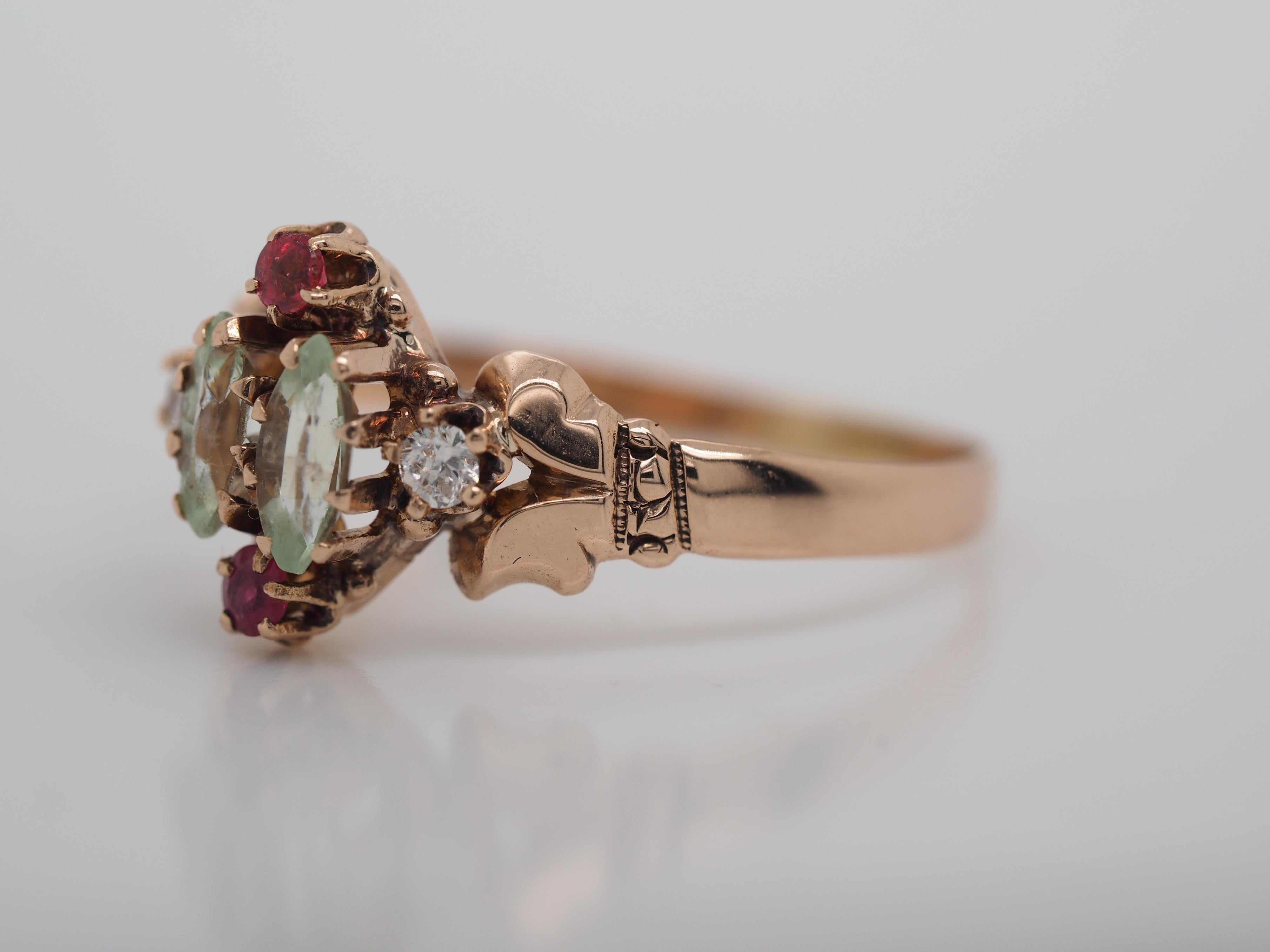 Anello vittoriano in oro rosa 14 carati con diamante e vetro in vendita 2