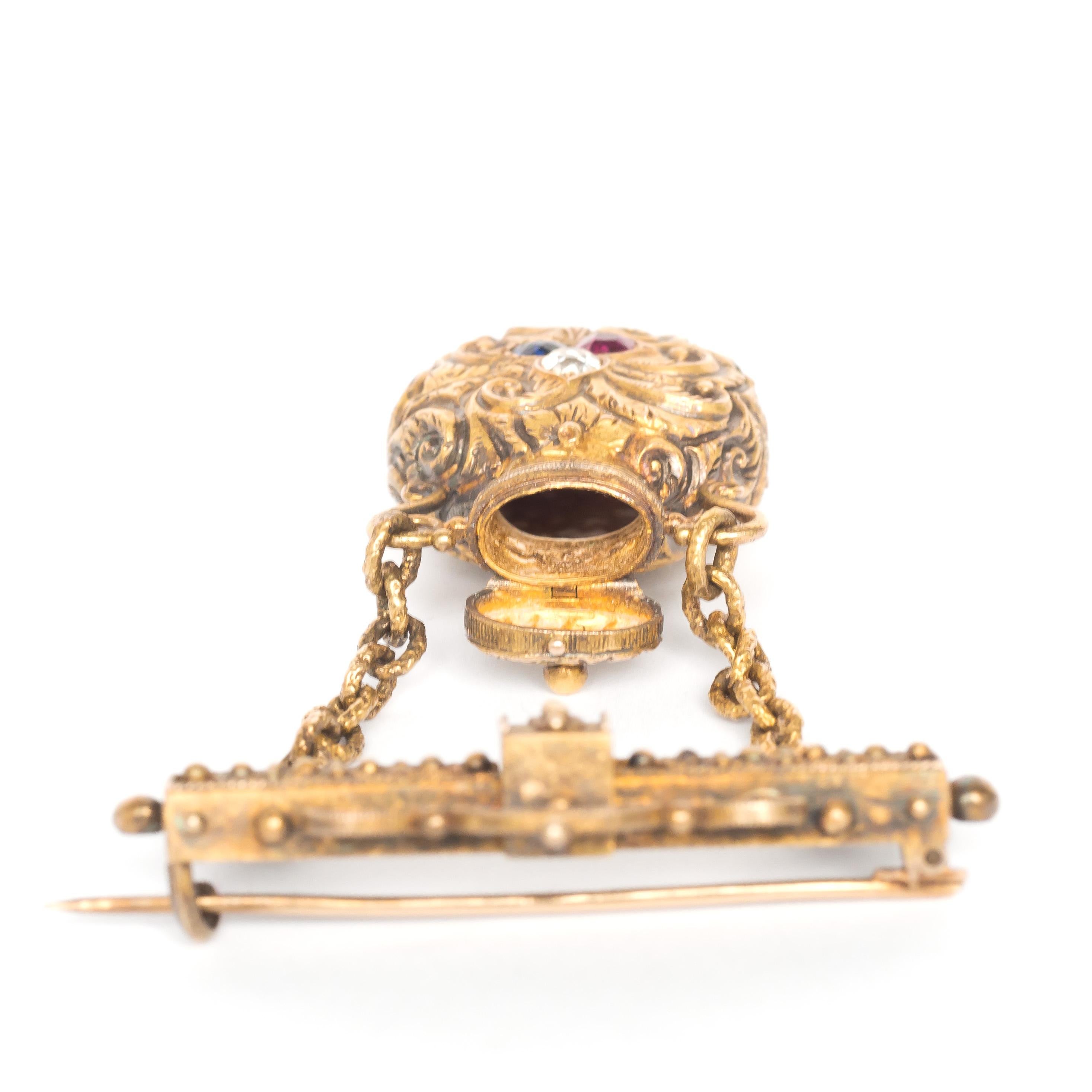 Victorian 14 Karat Gold Diamond Sapphire and Ruby Brooch with Perfume Bottle In Good Condition In Atlanta, GA