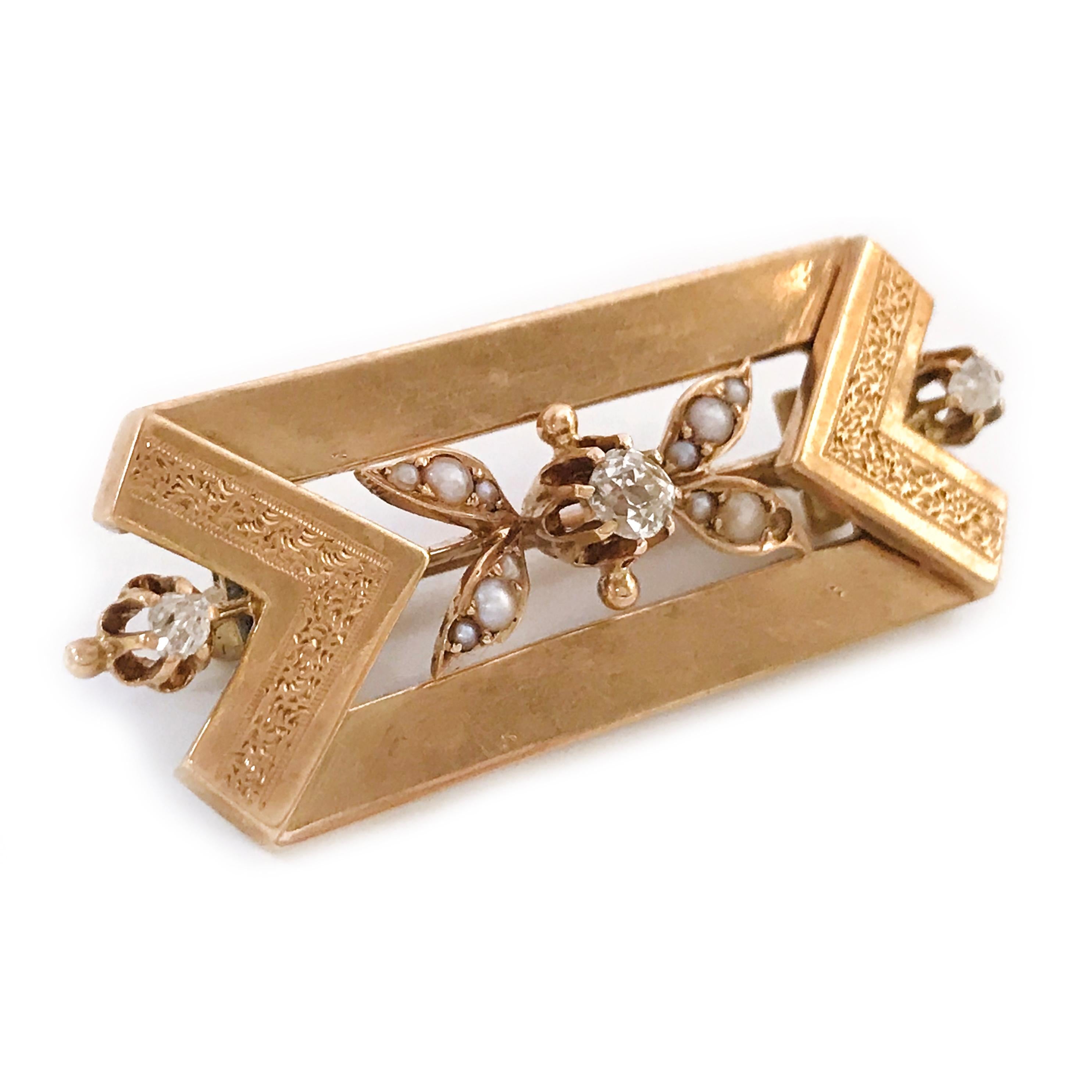 Victorian 14 Karat Rose Gold Diamond Seed Pearl Brooch. Simple and delicate yet sophisticated brooch/pin. Three Rose-cut diamonds are set in a buttercup setting. The diamonds are I1 in clarity (G.I.A.) and H-I in color (G.I.A.). The brooch has three