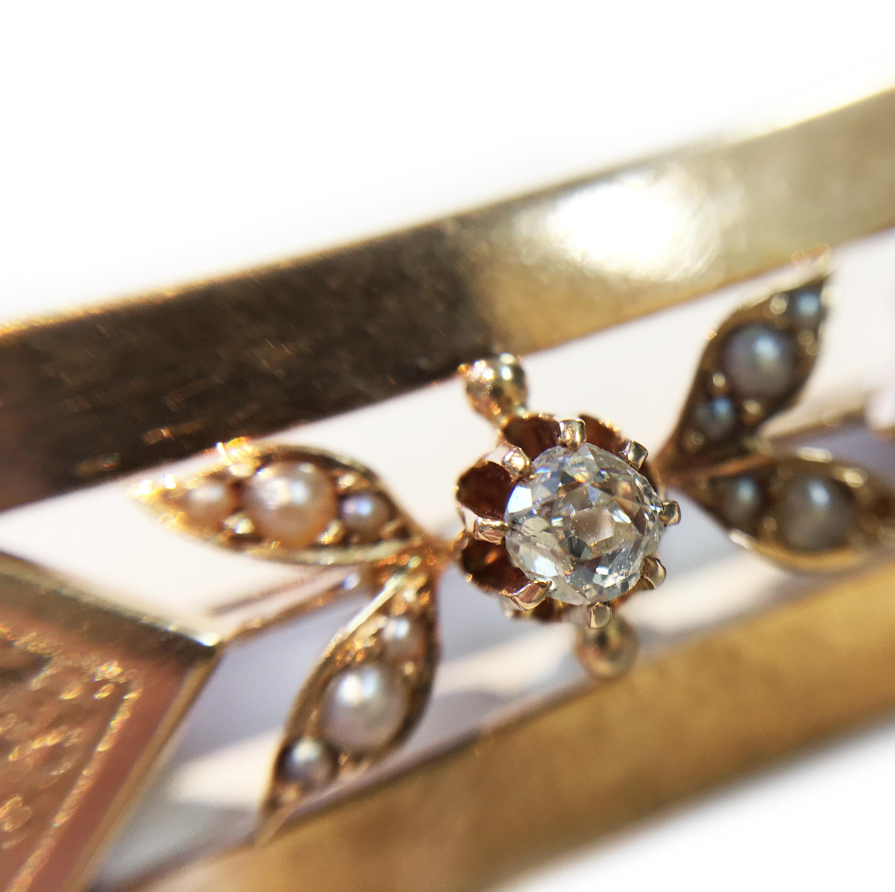 Victorian 14 Karat Rose Gold Diamond Seed Pearl Brooch In Good Condition For Sale In Palm Desert, CA