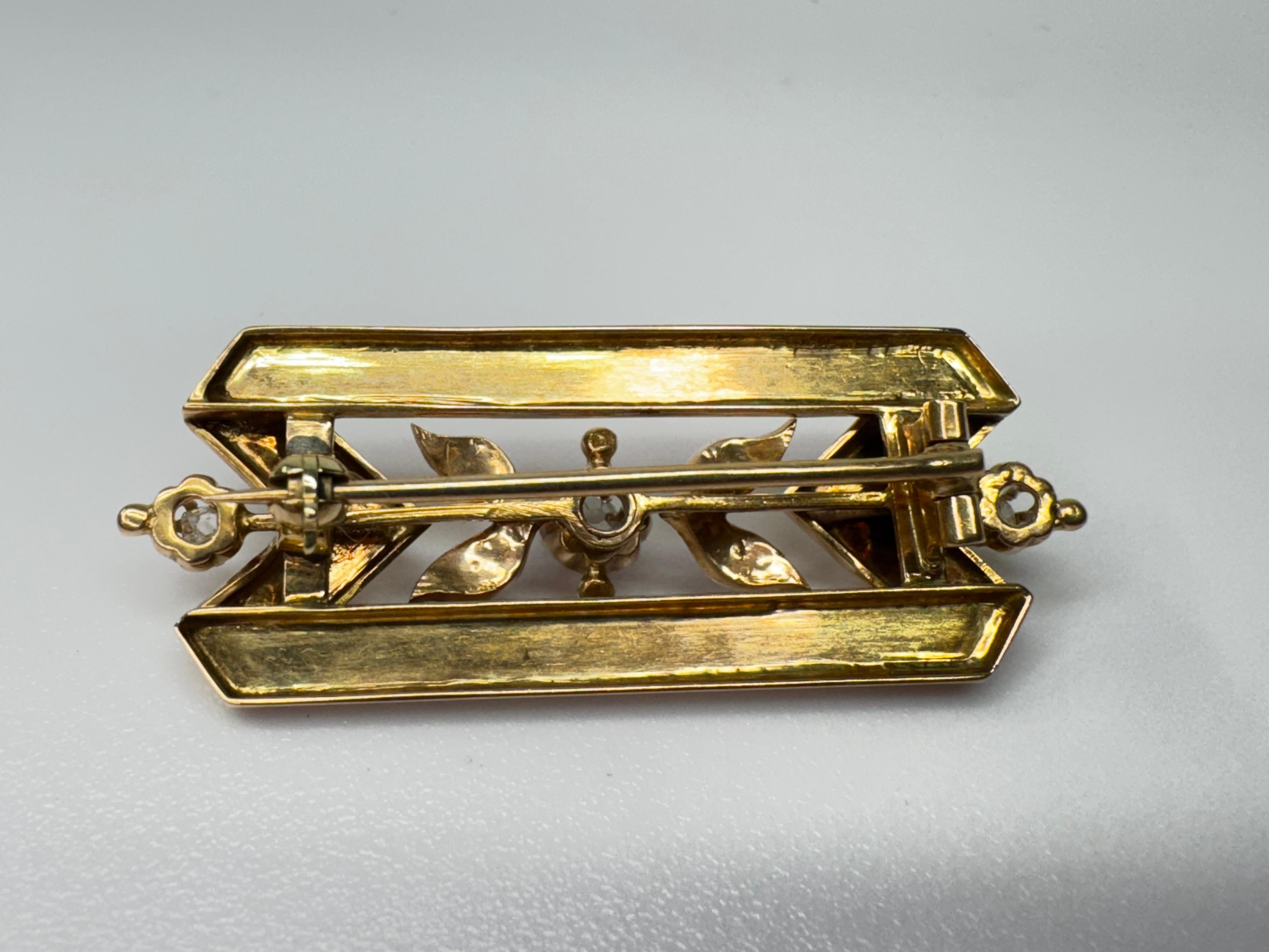 Victorian 14 Karat Rose Gold Diamond Seed Pearl Brooch For Sale 3