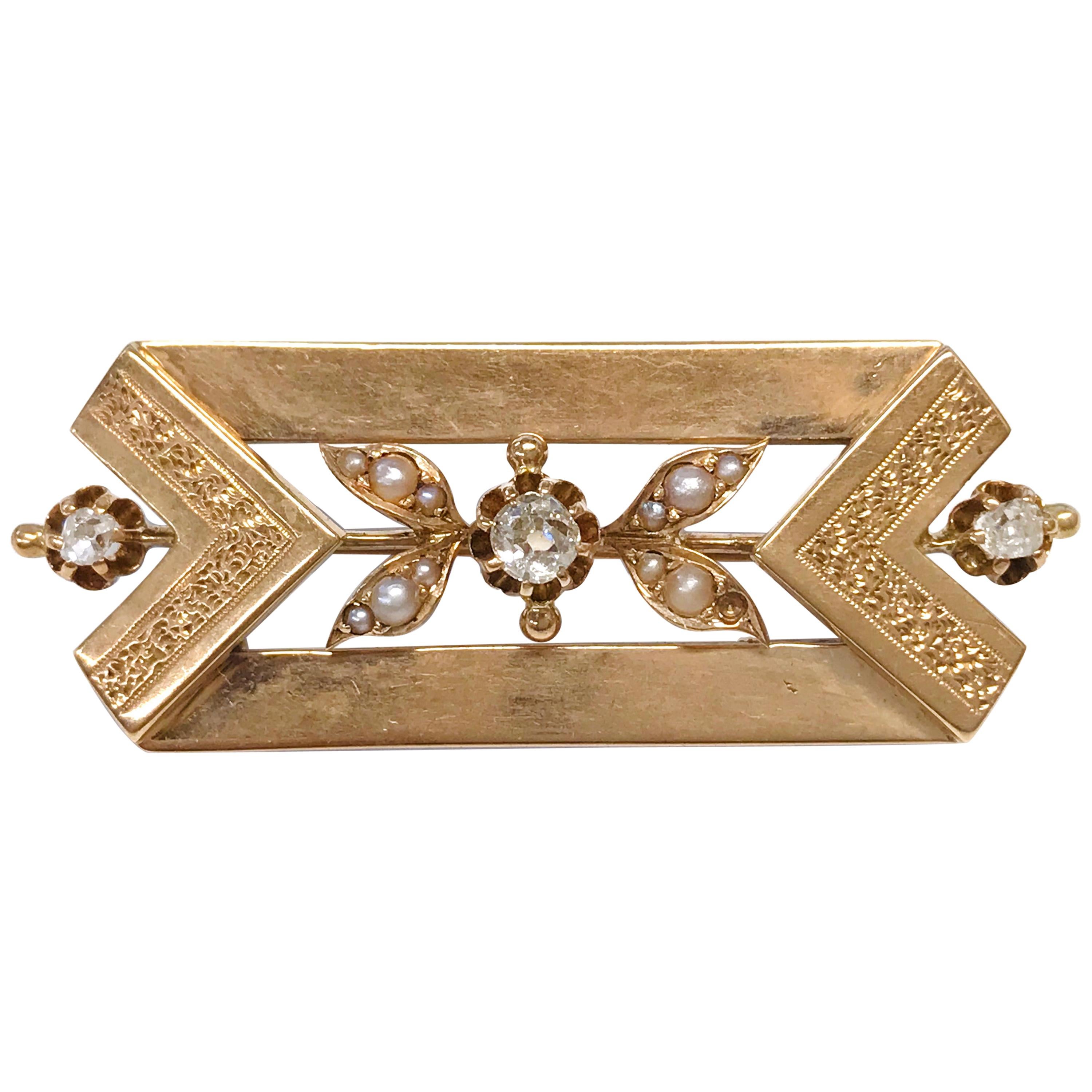 Victorian 14 Karat Rose Gold Diamond Seed Pearl Brooch For Sale