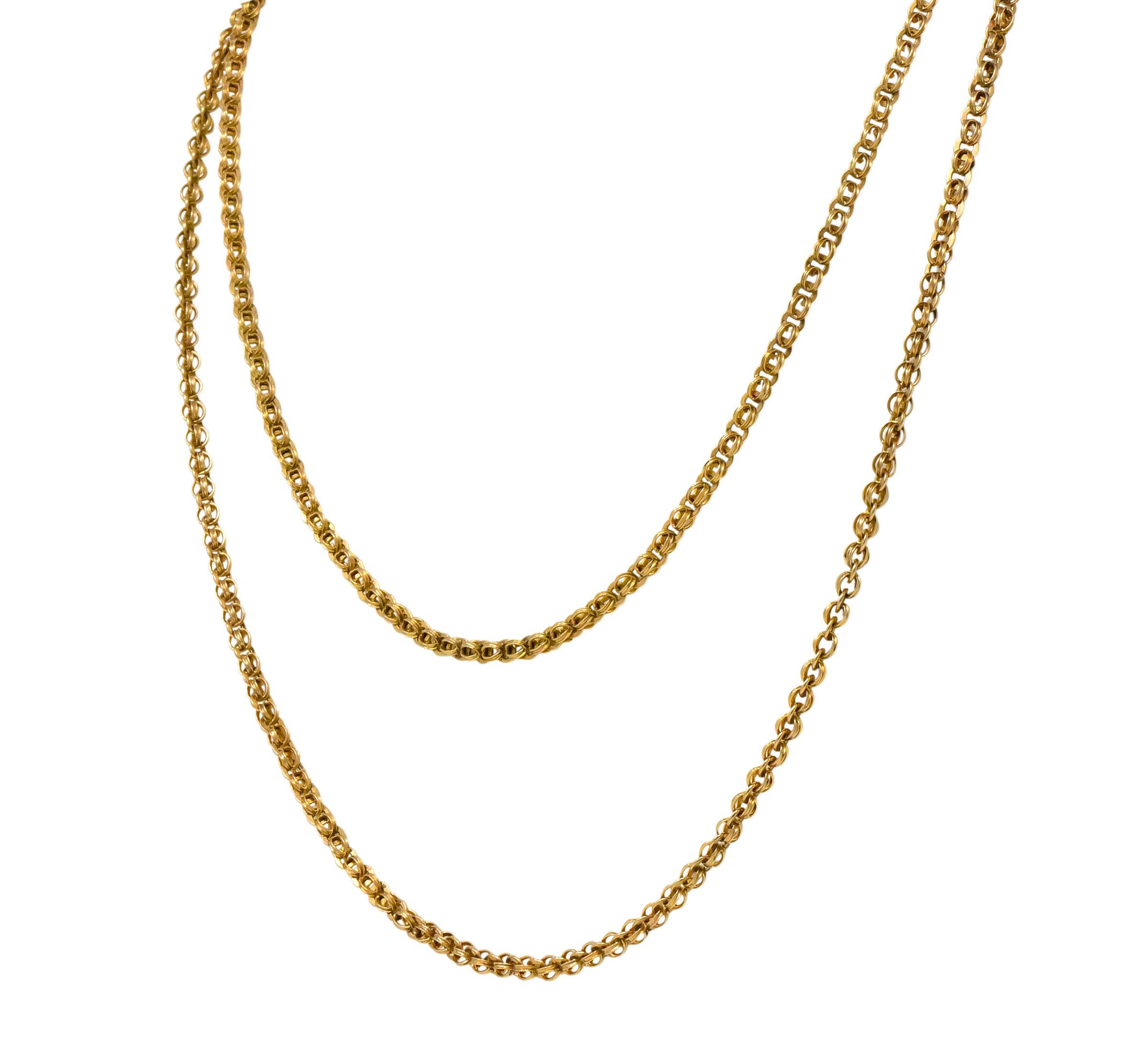 Victorian long chain featuring intersecting circles as links

Ideal for fashionable layering

Tested as 14 karat gold

Length: 62 inches

Width: 1/8 inch diameter

Total weight: 37.2 grams

Fancy. Unusual. Versatile.
 

 

Stock Number: We-3266