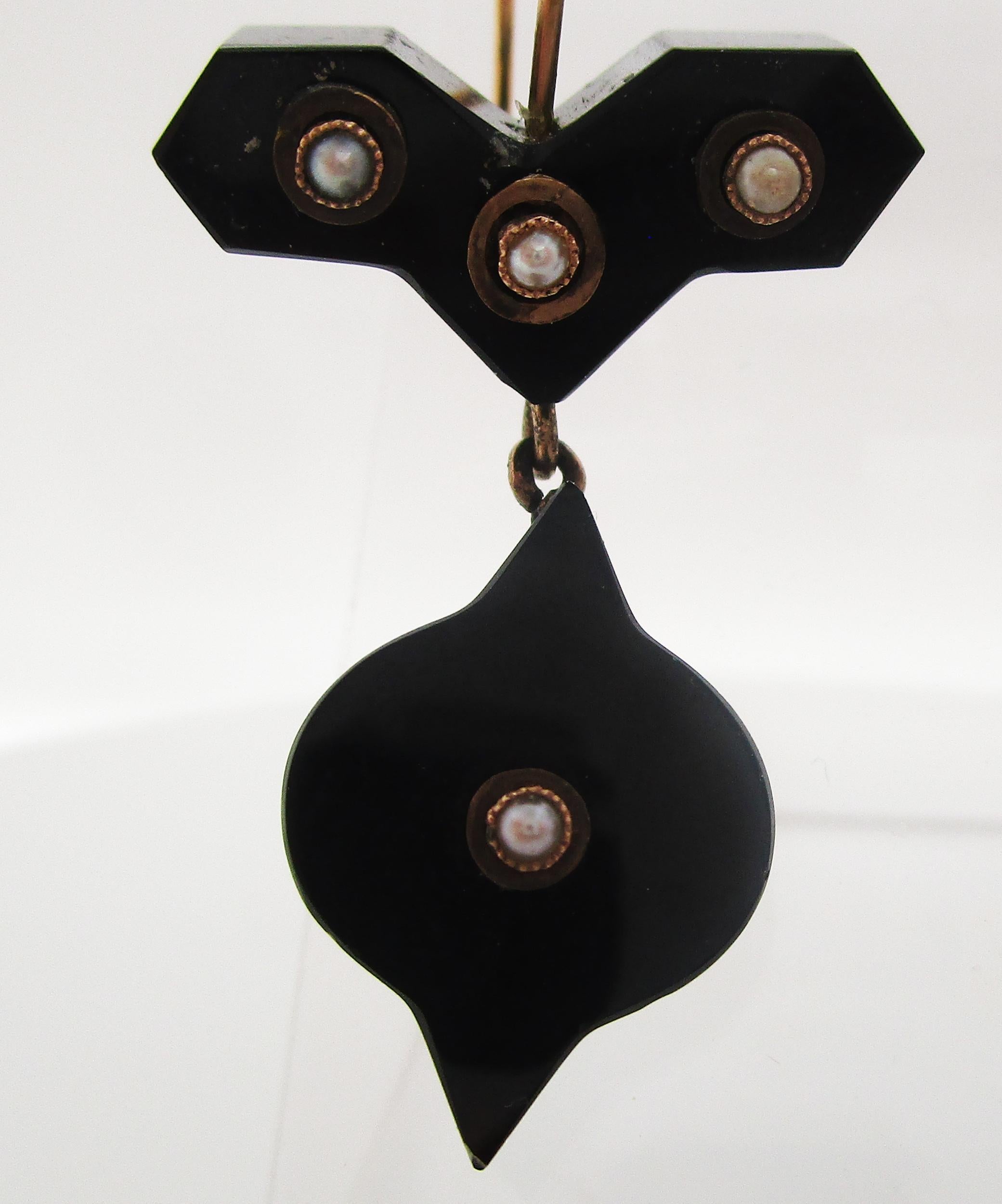 Women's Victorian 14 Karat Rose Gold Onyx and Seed Pearl Articulated Dangle Earrings For Sale