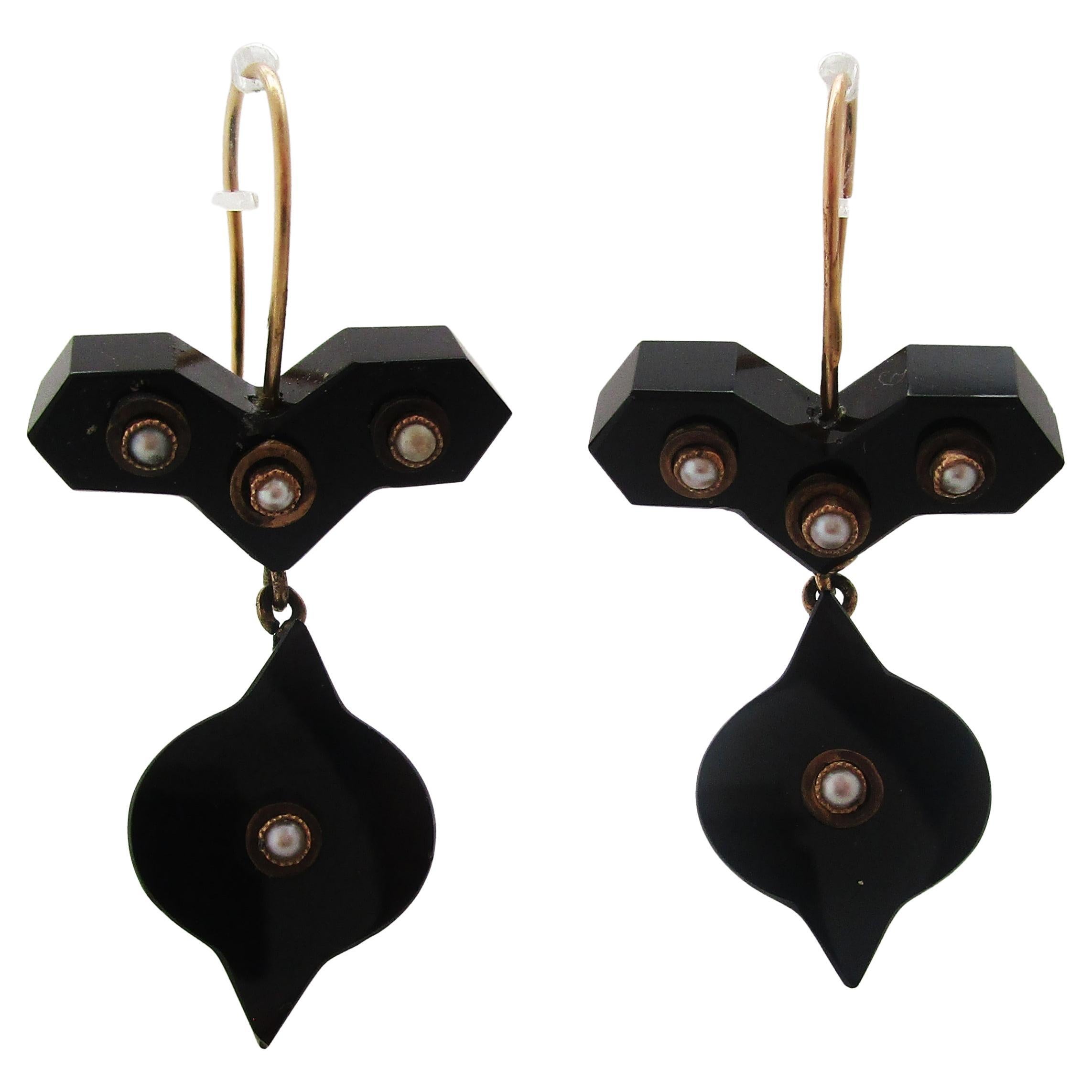 Victorian 14 Karat Rose Gold Onyx and Seed Pearl Articulated Dangle Earrings For Sale