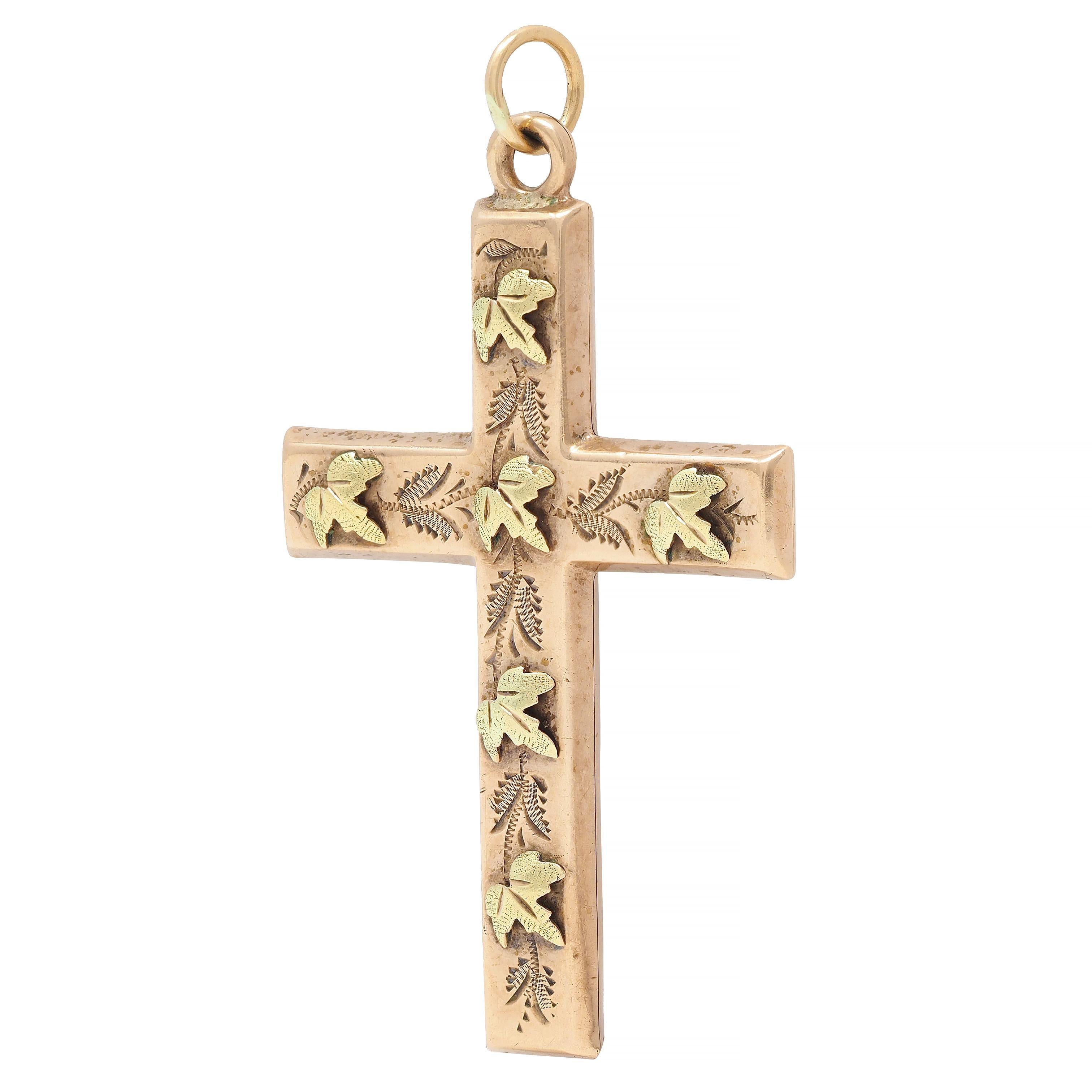Women's or Men's Victorian 14 Karat Rose Green Two-Tone Gold Grape Leaf Antique Cross Pendant For Sale