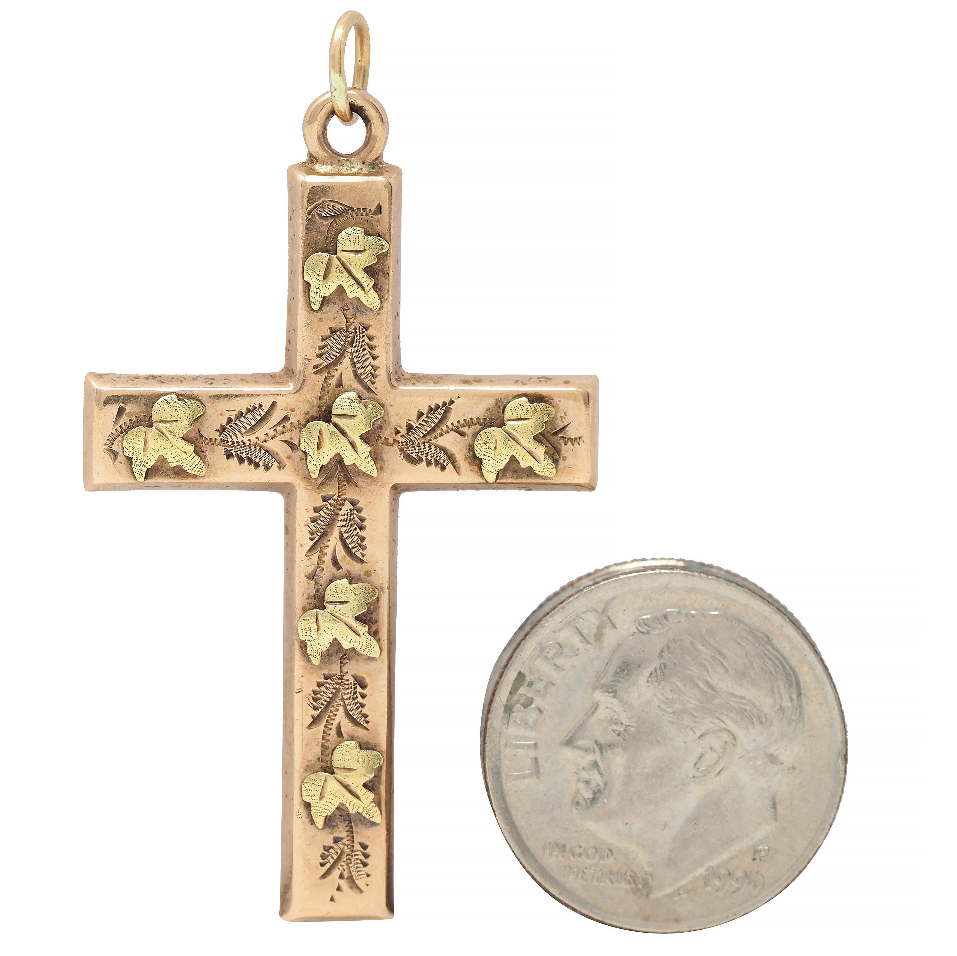 Victorian 14 Karat Rose Green Two-Tone Gold Grape Leaf Antique Cross Pendant For Sale 2