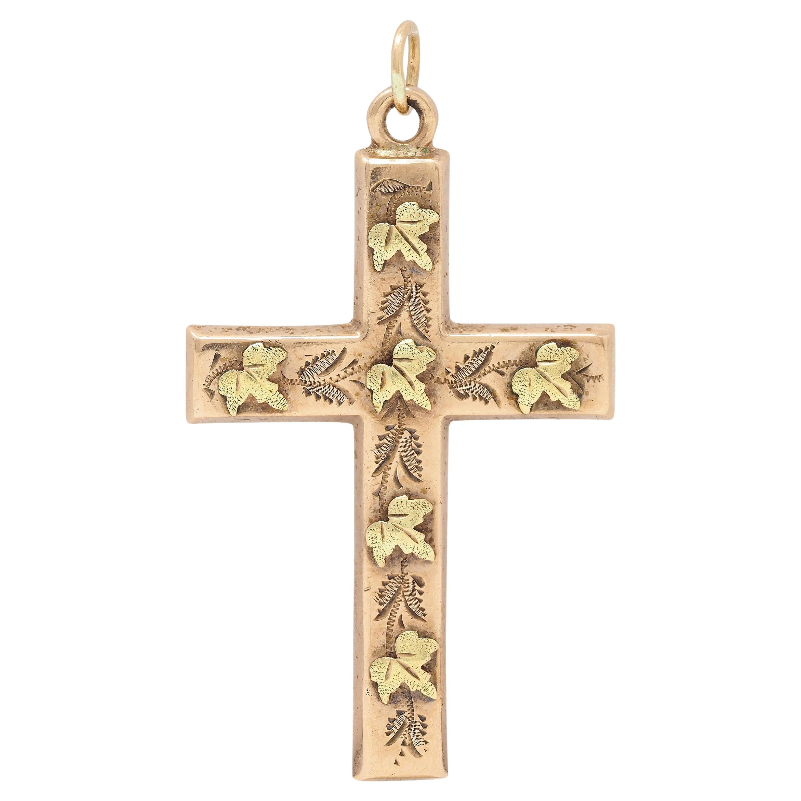 Victorian 14 Karat Rose Green Two-Tone Gold Grape Leaf Antique Cross Pendant For Sale