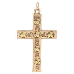 Pendentif croix victorien en or bicolore 14 carats rose vert et feuille de raisin
