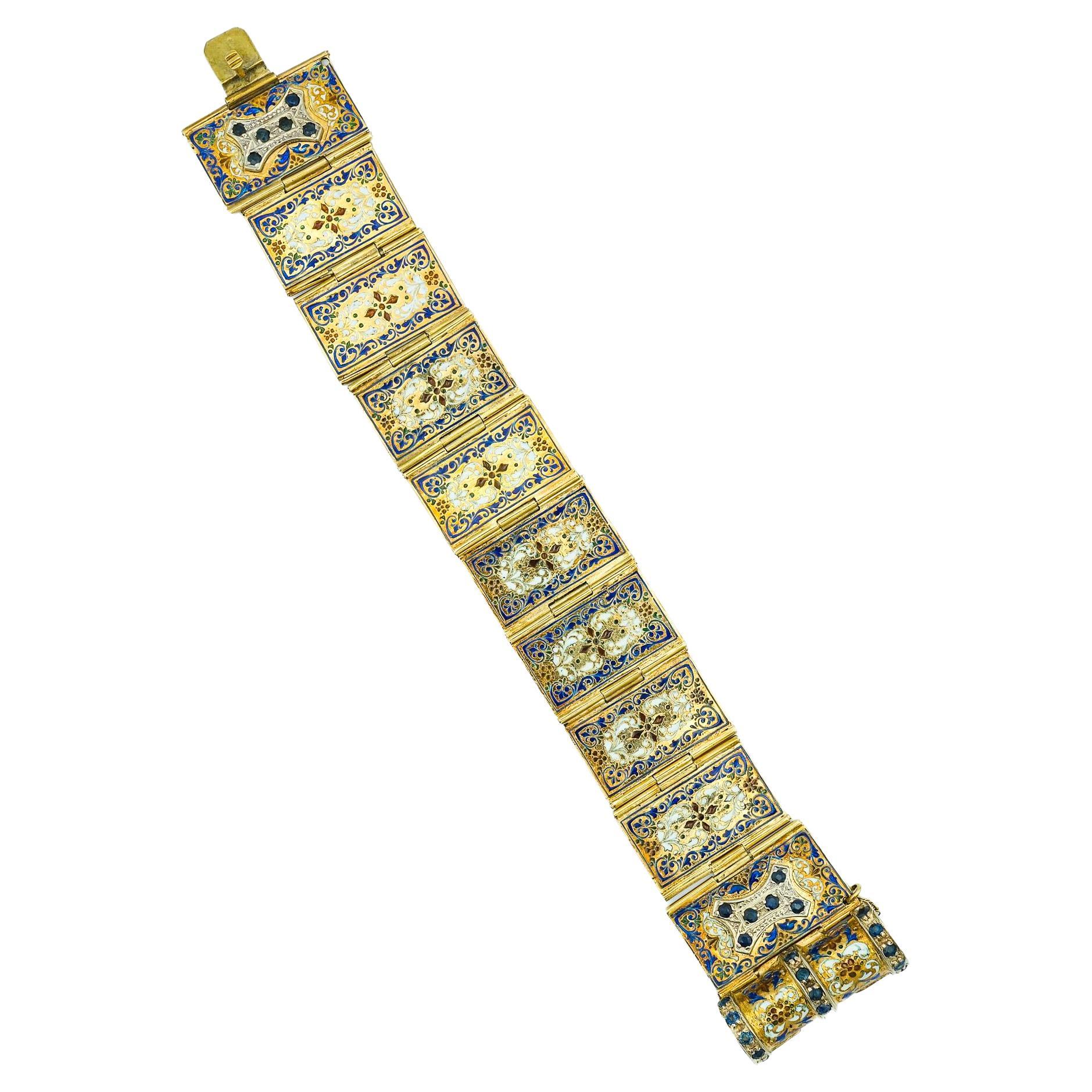 Victorian 14 Karat Sapphire and Enamel Souvenir Book Charm Bracelet For Sale