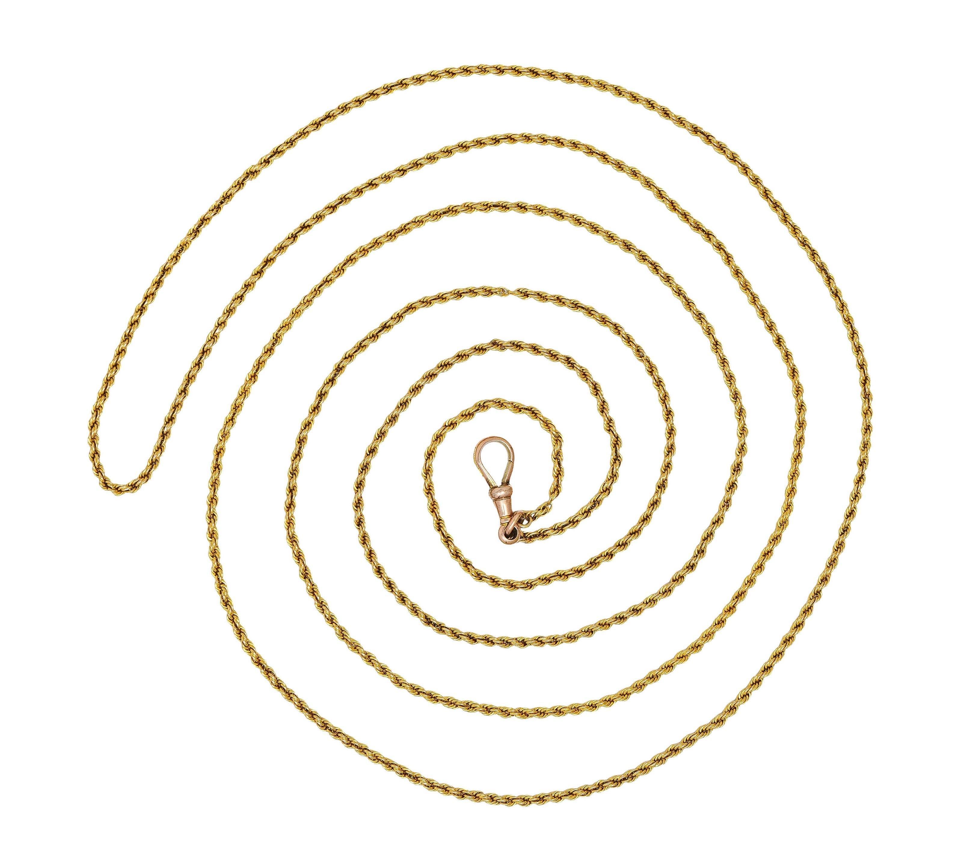 Designed as a 2.5 mm yellow gold rope chain 
Terminating with an antique fob clasp 
Rose gold with grooved segments
Chain tests as 14 karat gold 
Clasp is stamped for 9 karat gold
With maker's mark
Circa: 1870s
Width at Widest: 5/16
Length: 56 1/2