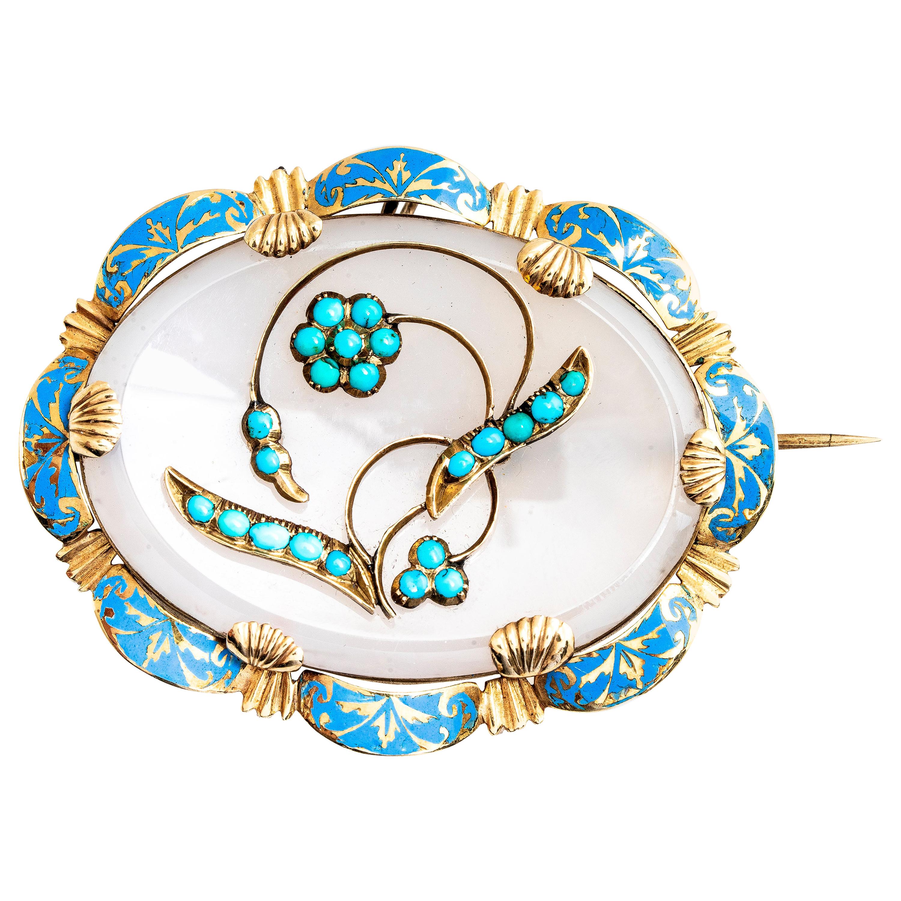 Victorian 14 Karat Yellow Chalcedony and Turquoise Enamel Brooch Pendant For Sale