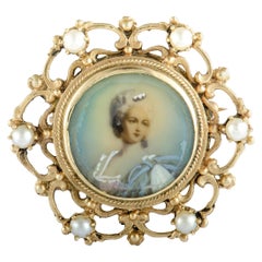 Victorian 14 Karat Yellow Gold 6-Pearl Miniature Portrait Pendant Brooch