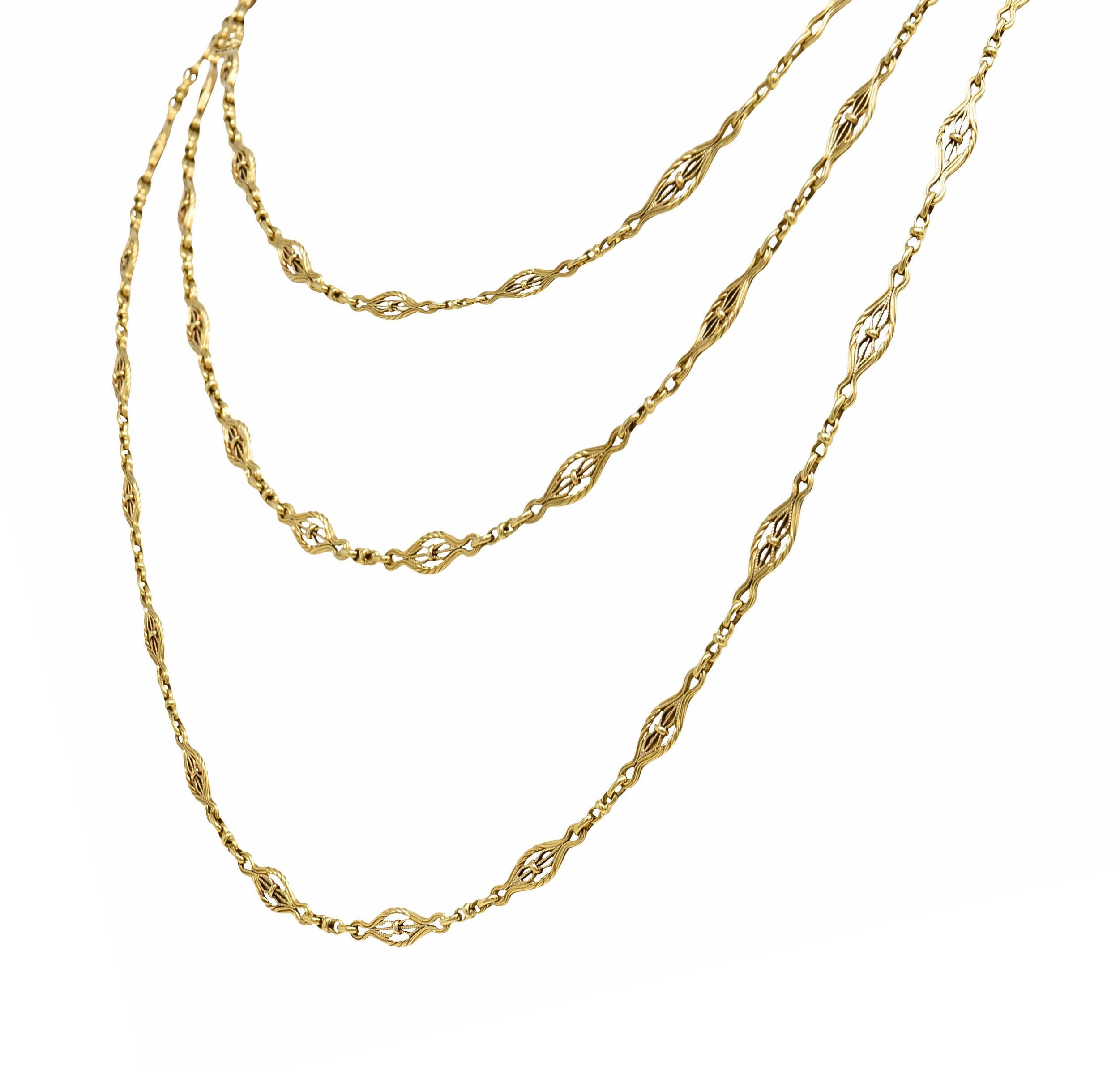 Victorian 14 Karat Yellow Gold Filigree Long Chain Necklace In Excellent Condition In Philadelphia, PA