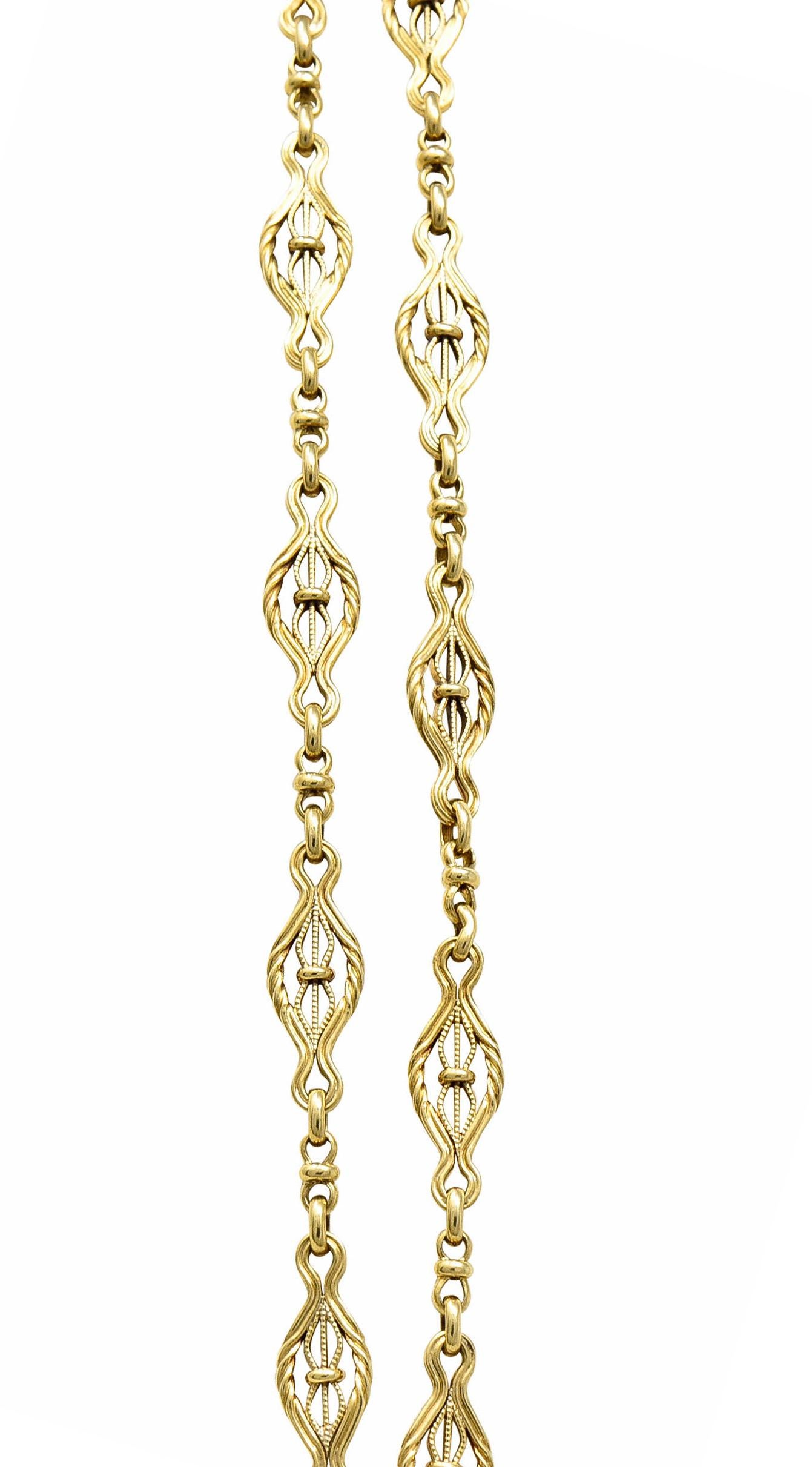 Victorian 14 Karat Yellow Gold Filigree Long Chain Necklace 1