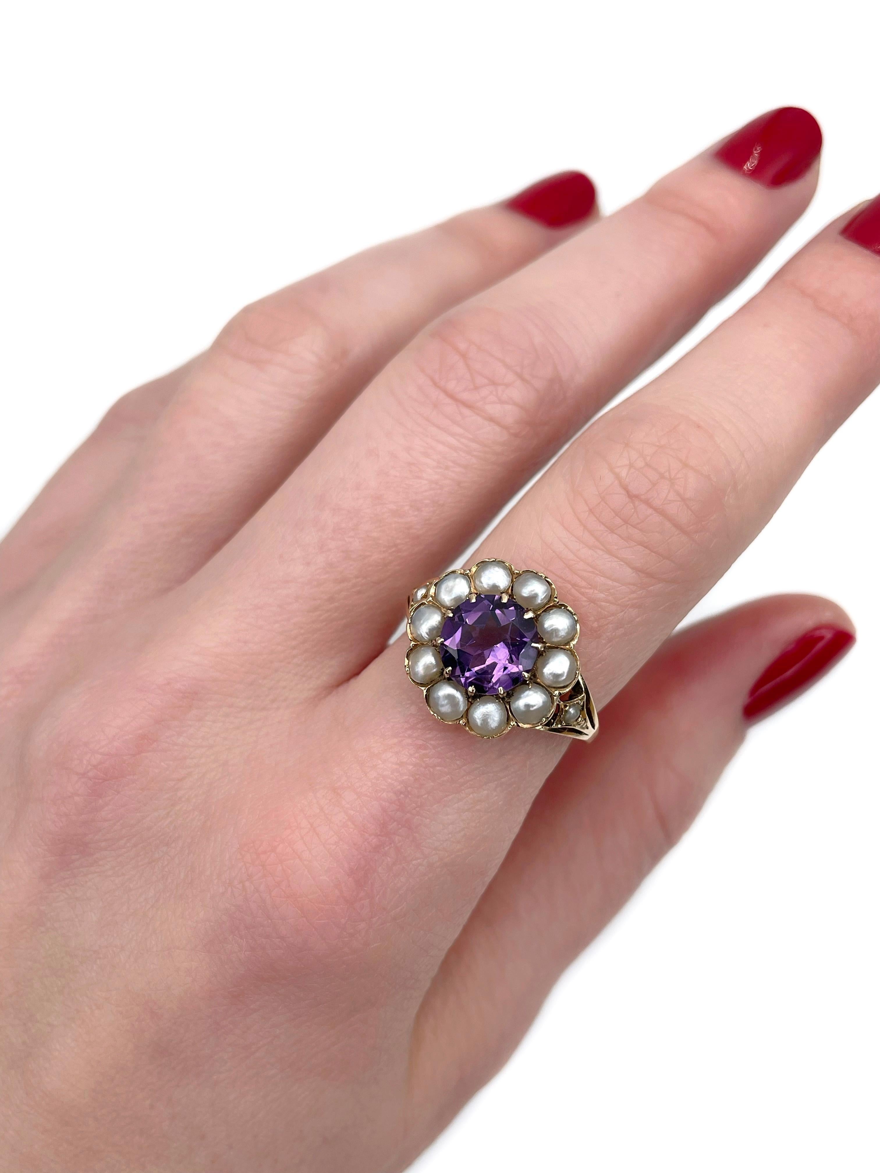 This is a Victorian cluster ring crafted in 18K yellow gold. Circa 1900.

The piece features round cut amethyst and seed pearls. 

Weight: 4.04g
Size: 17.25 (US 7)

IMPORTANT: please ask about the possibility to resize before purchase. This process
