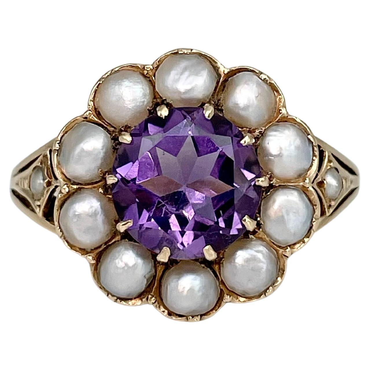 Victorian 18 Karat Yellow Gold Amethyst Seed Pearl Cluster Ring
