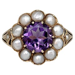 Victorian 18 Karat Yellow Gold Amethyst Seed Pearl Cluster Ring