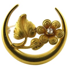 Antique Victorian 14 Karat Yellow Gold and Diamond Honeymoon Daisy Pin Brooch