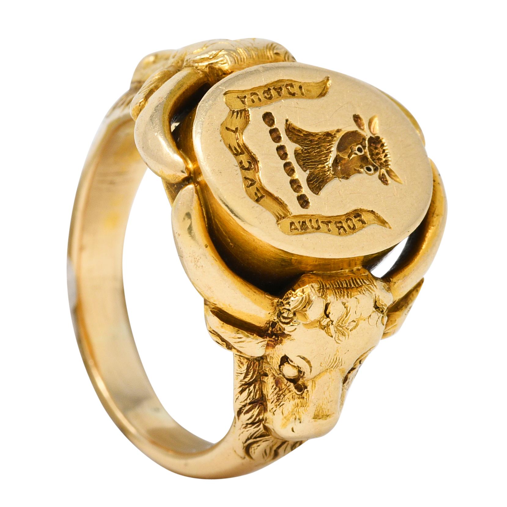 Victorian 14 Karat Yellow Gold Antique Fortune Bold Intaglio Signet Unisex Ring 6