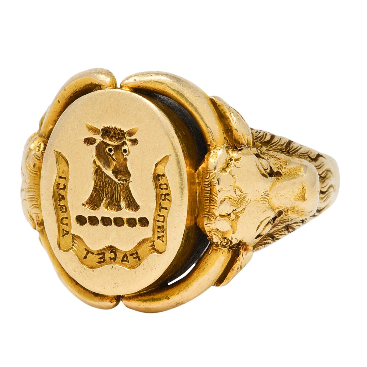 Victorian 14 Karat Yellow Gold Antique Fortune Bold Intaglio Signet Unisex Ring 3