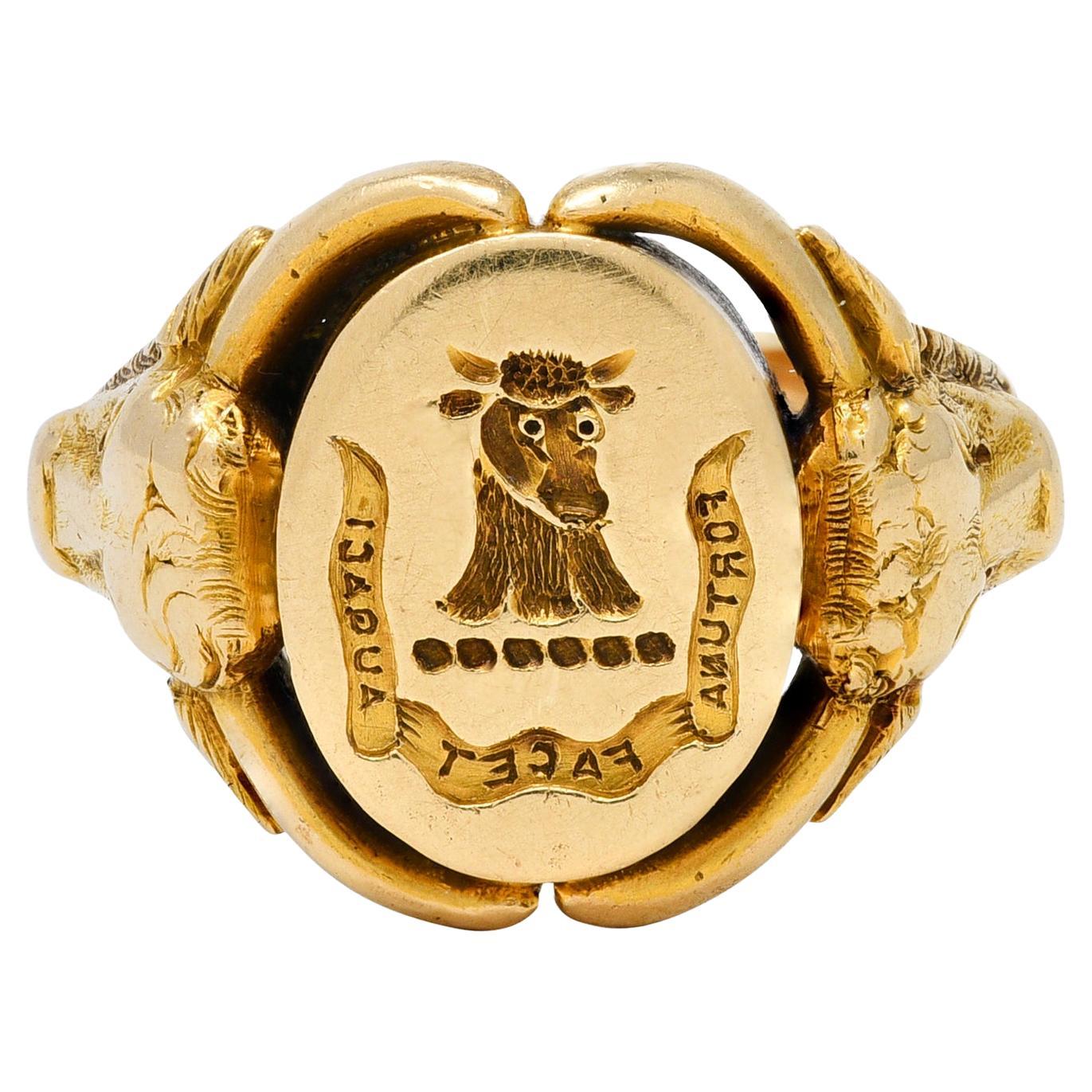 Victorian 14 Karat Yellow Gold Antique Fortune Bold Intaglio Signet Unisex Ring