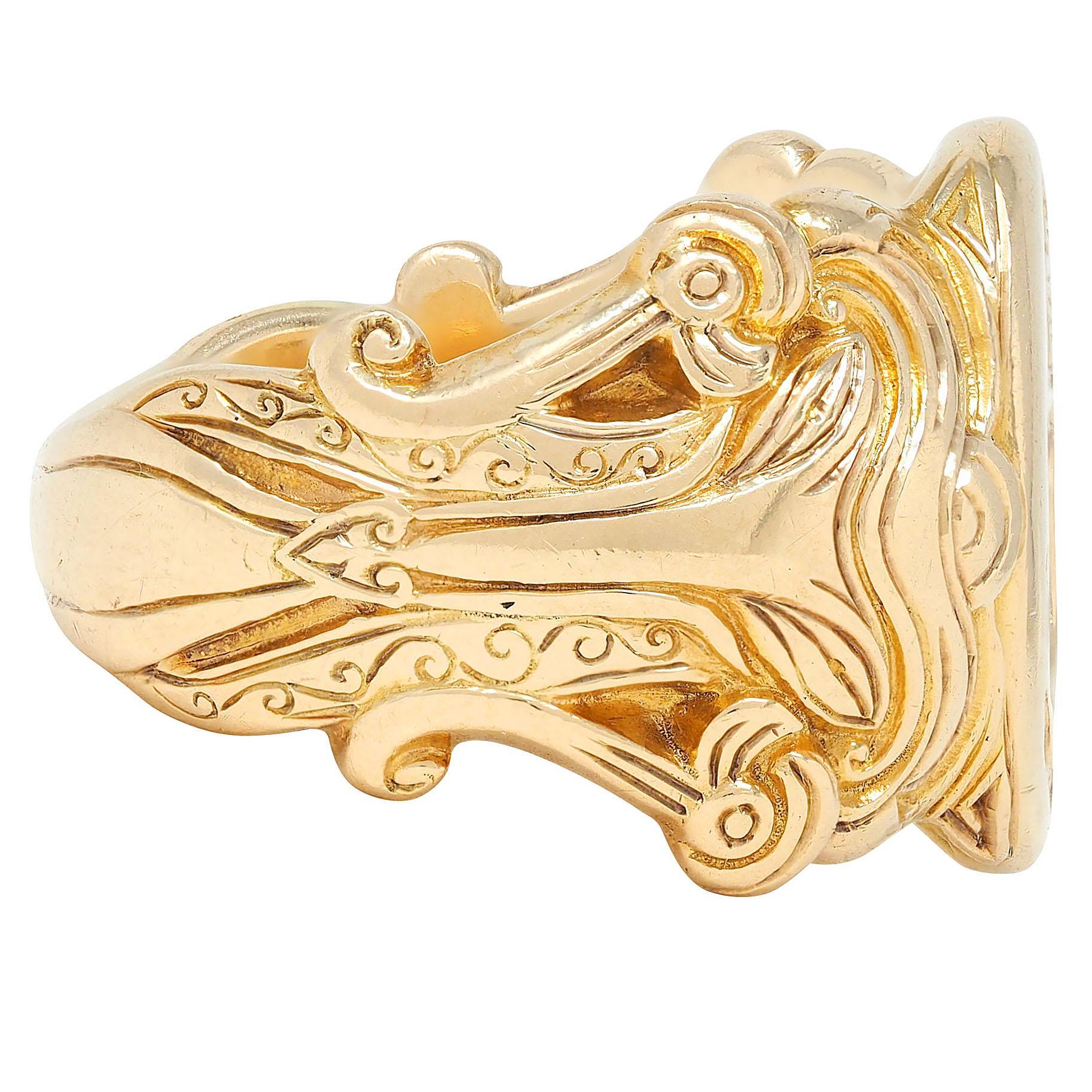 Victorian 14 Karat Yellow Gold Antique Heraldic Unisex Signet Ring In Excellent Condition For Sale In Philadelphia, PA