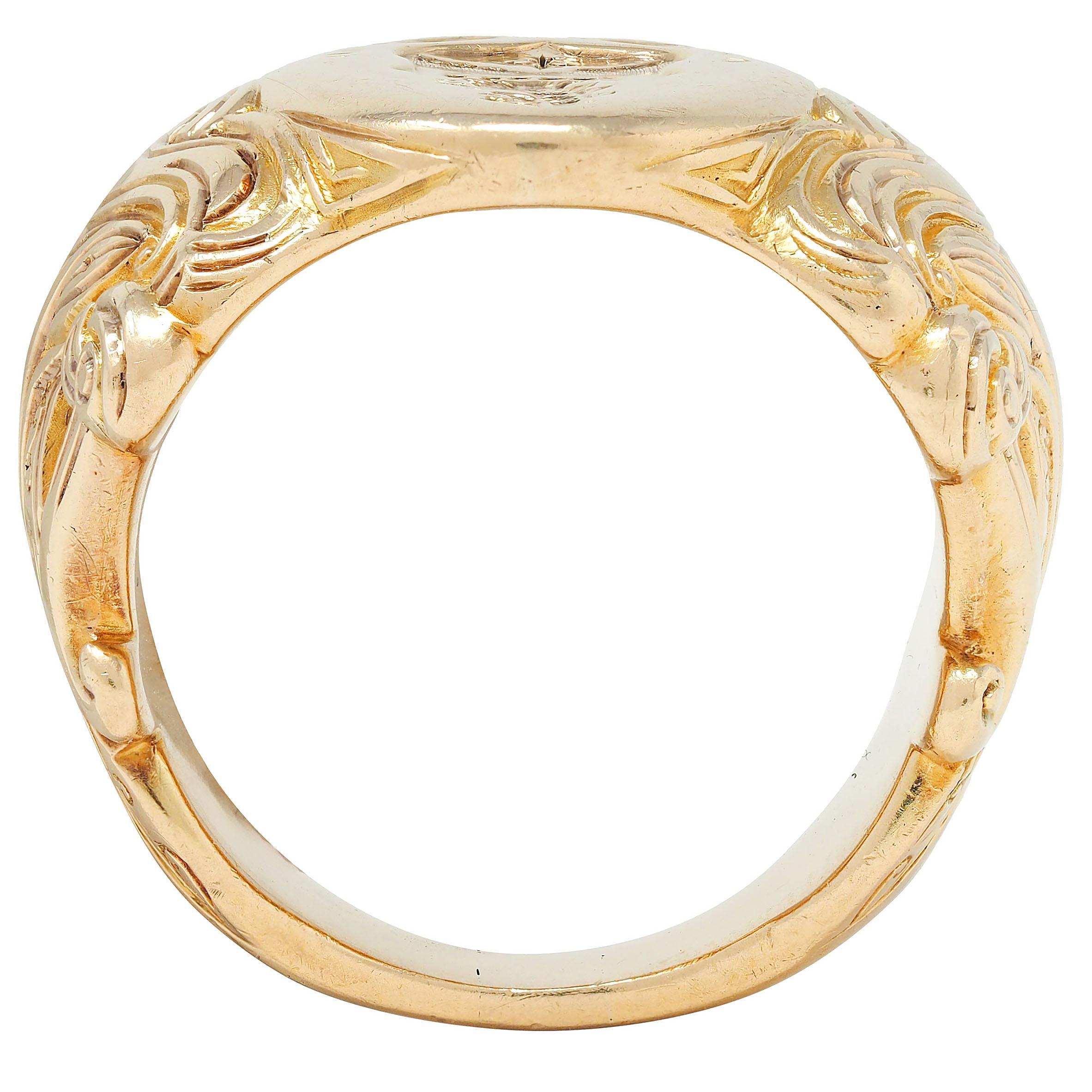 Victorian 14 Karat Yellow Gold Antique Heraldic Unisex Signet Ring For Sale 3