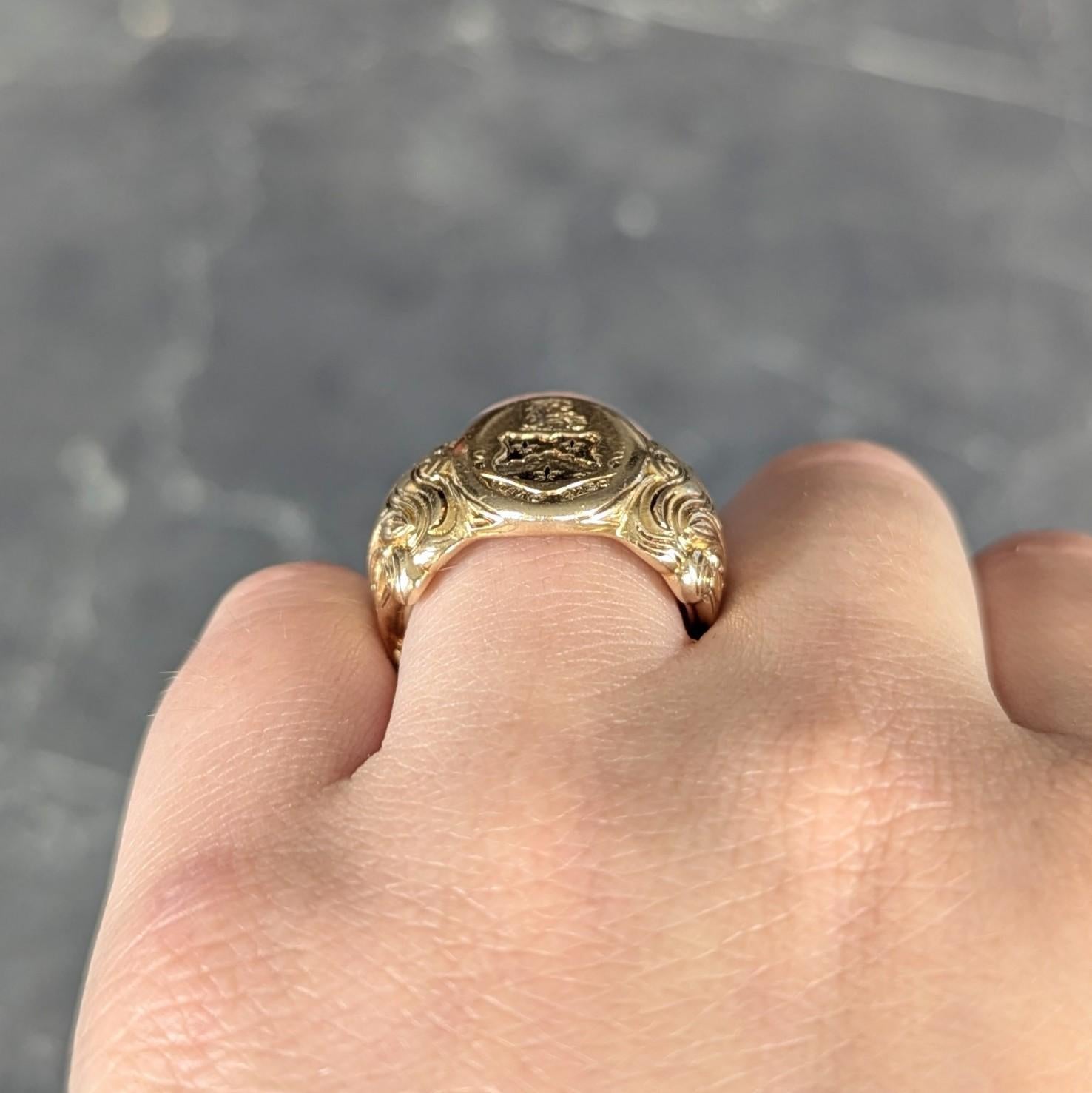 Victorian 14 Karat Yellow Gold Antique Heraldic Unisex Signet Ring For Sale 4
