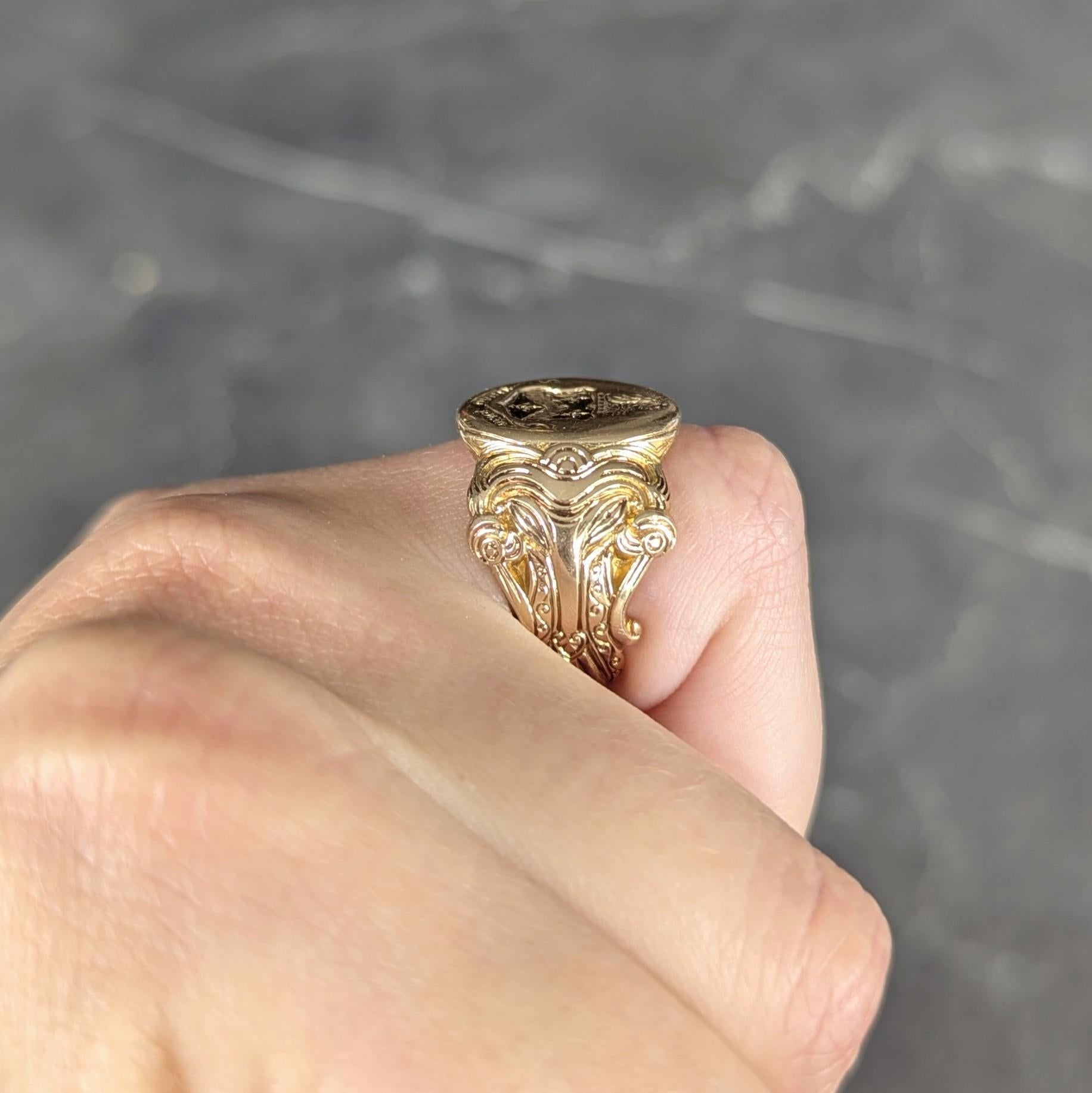 Victorian 14 Karat Yellow Gold Antique Heraldic Unisex Signet Ring For Sale 5