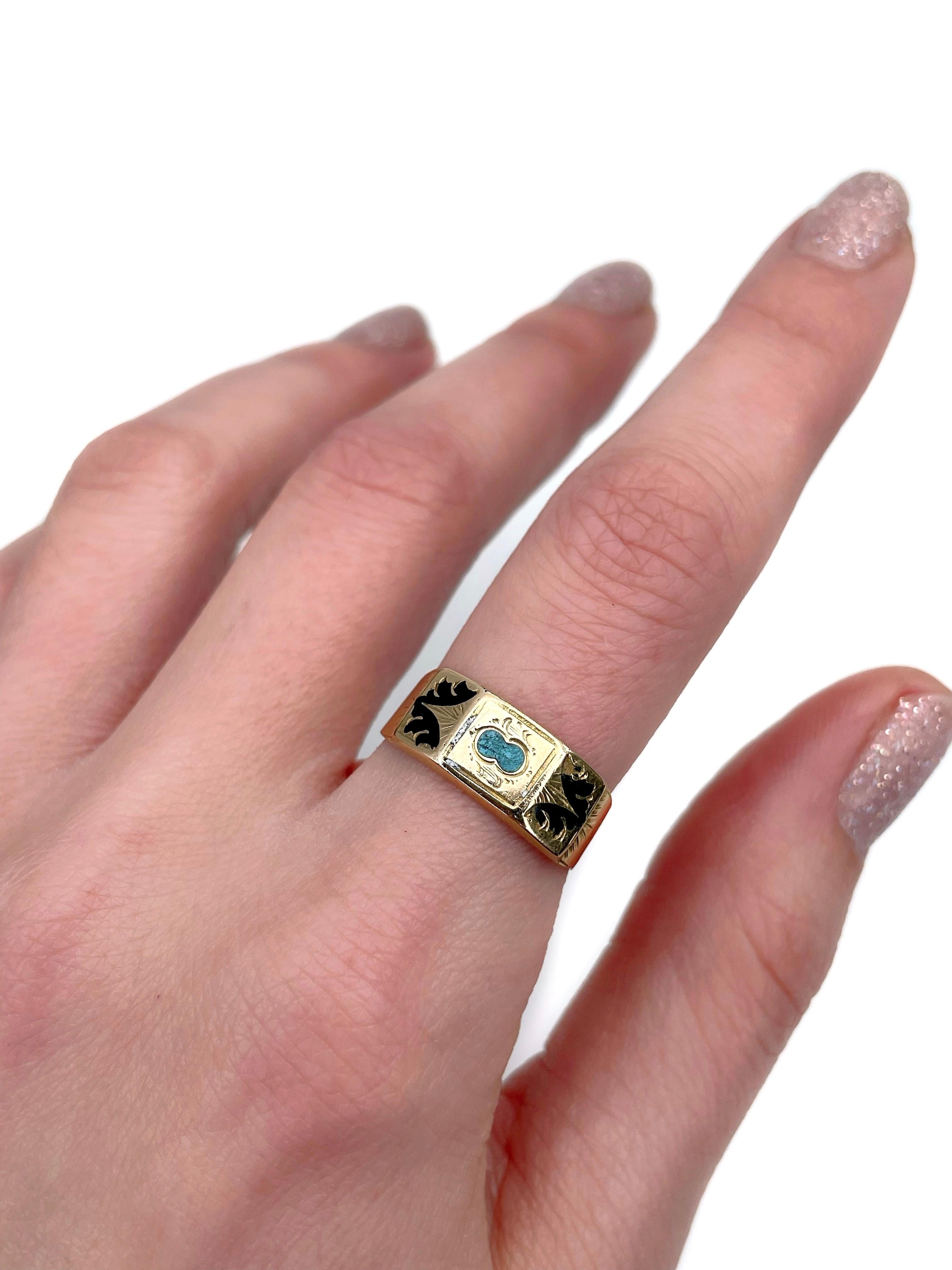 This is a Victorian band ring crafted in 14K yellow gold. Circa 1870. 

The piece features blue and black enamel. 

Weight: 2.03g
Size: 18.75 (US 8.75)

———

If you have any questions, please feel free to ask. We describe our items accurately.