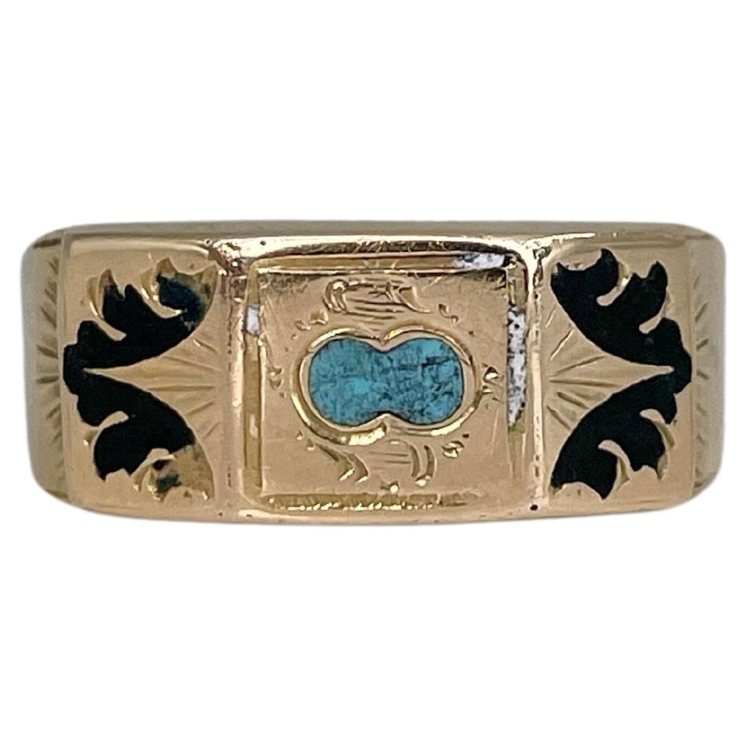 Viktorianischer Ring aus 14 Karat Gelbgold mit blauer und schwarzer Emaille