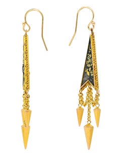 Victorian 14 Karat Yellow Gold Copper Shakudo Crane Drop Fringe Antique Earrings