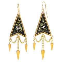 Victorian 14 Karat Yellow Gold Copper Shakudo Crane Drop Fringe Antique Earrings