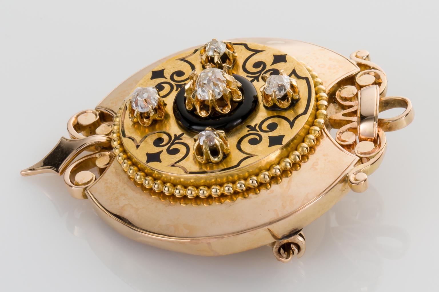 Women's Victorian 14 Karat Yellow Gold Diamond and Enamel Memory Brooch