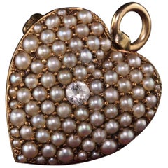 Victorian 14 Karat Yellow Gold Diamond and Natural Pearl Heart Pendant Pin