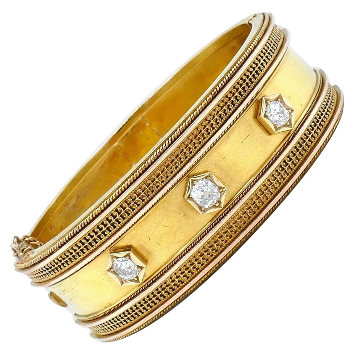 Victorian 14 Karat Yellow Gold Diamond Bangle Bracelet