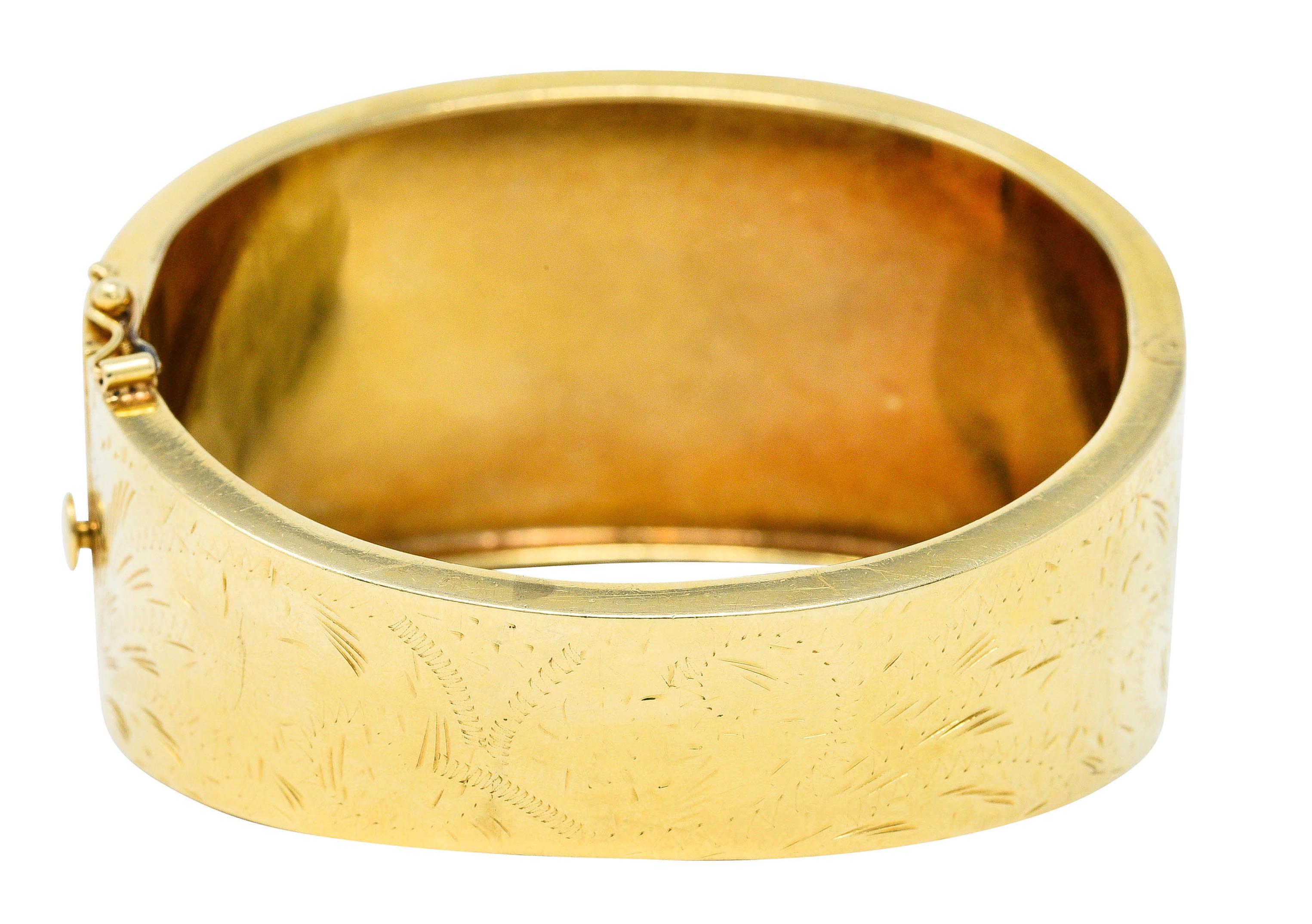 Women's or Men's Victorian 14 Karat Yellow Gold Engraved Floral Bangle Bracelet, Circa 1900