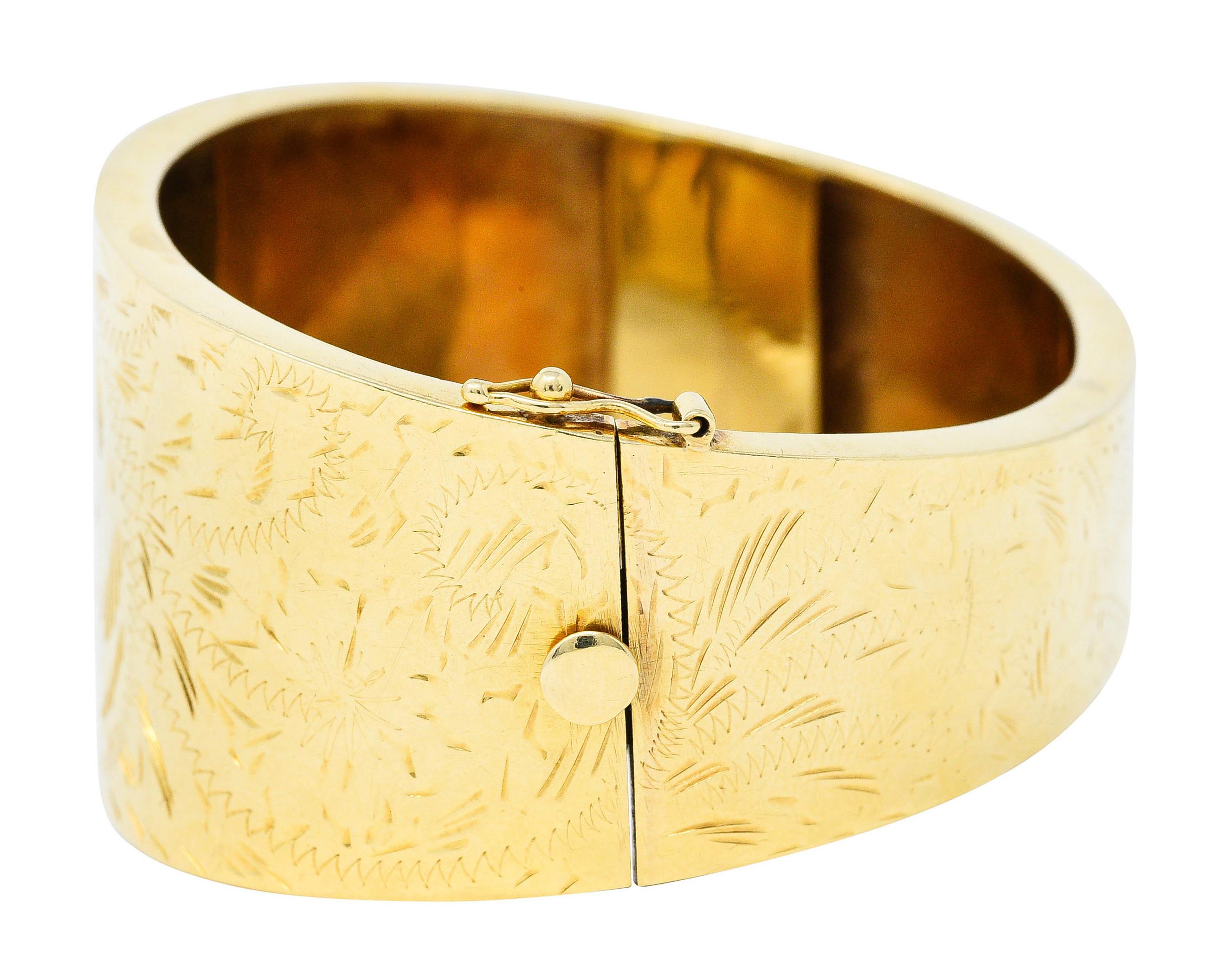 Victorian 14 Karat Yellow Gold Engraved Floral Bangle Bracelet, Circa 1900 1