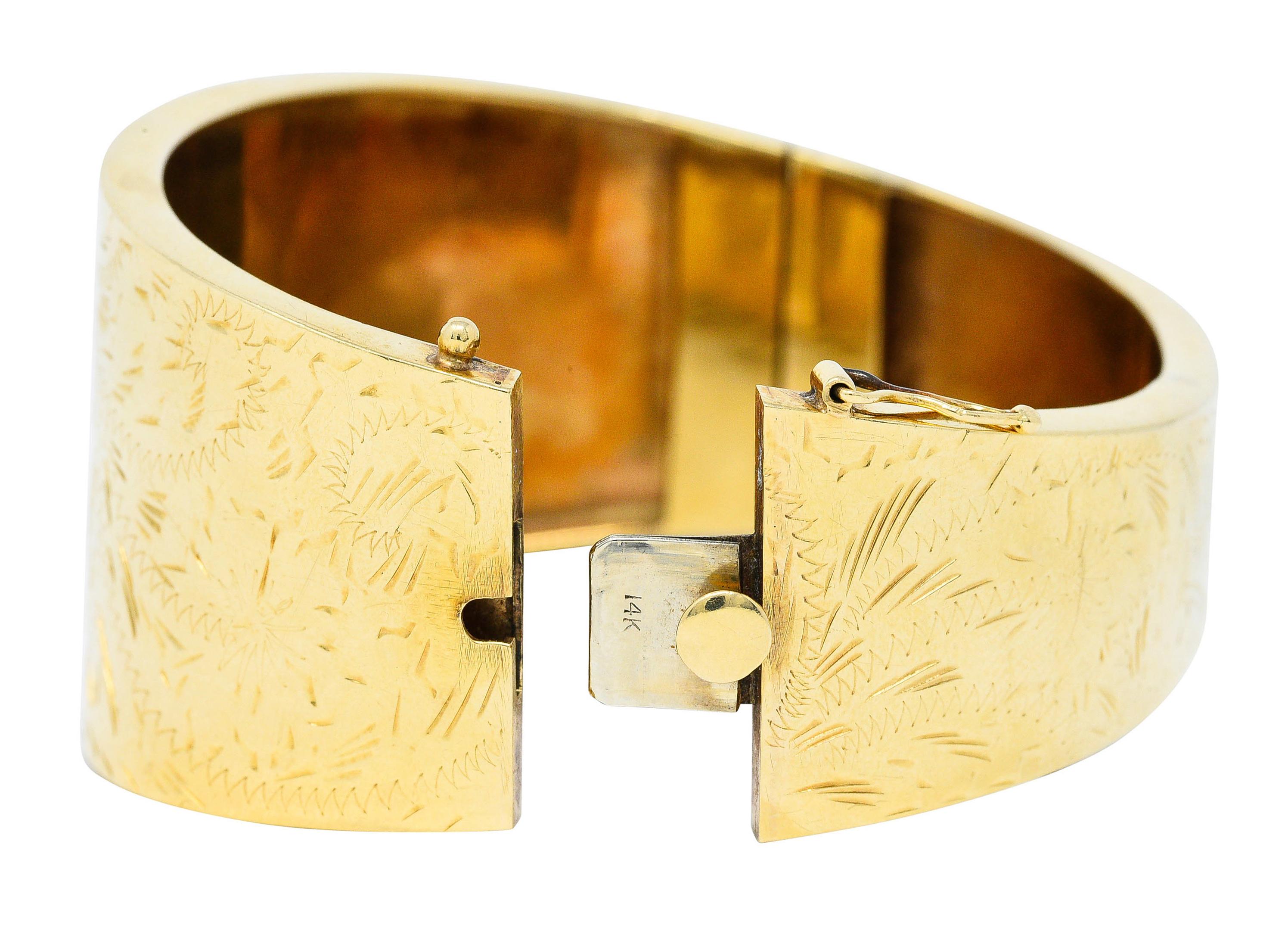 Victorian 14 Karat Yellow Gold Engraved Floral Bangle Bracelet, Circa 1900 2