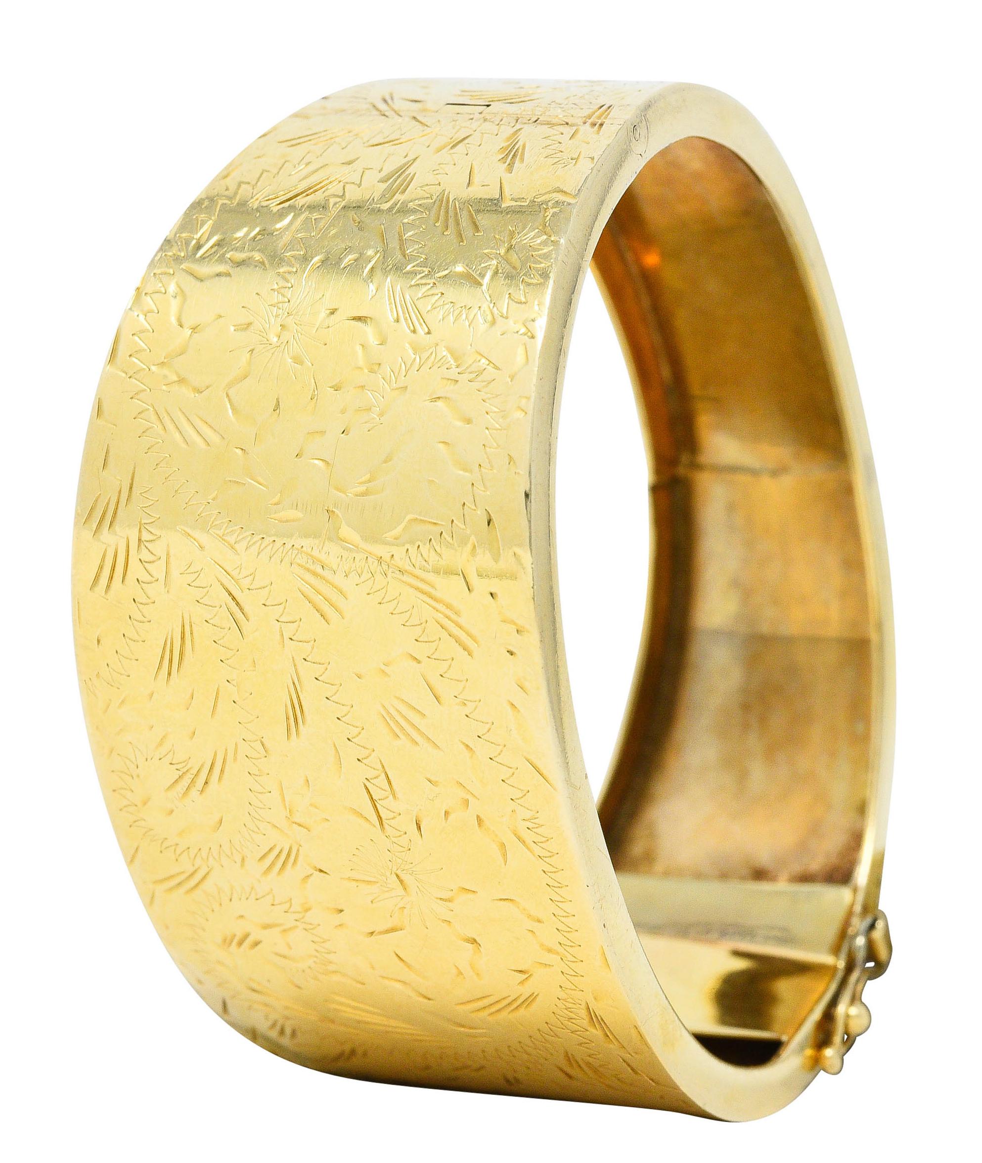 Victorian 14 Karat Yellow Gold Engraved Floral Bangle Bracelet, Circa 1900 4