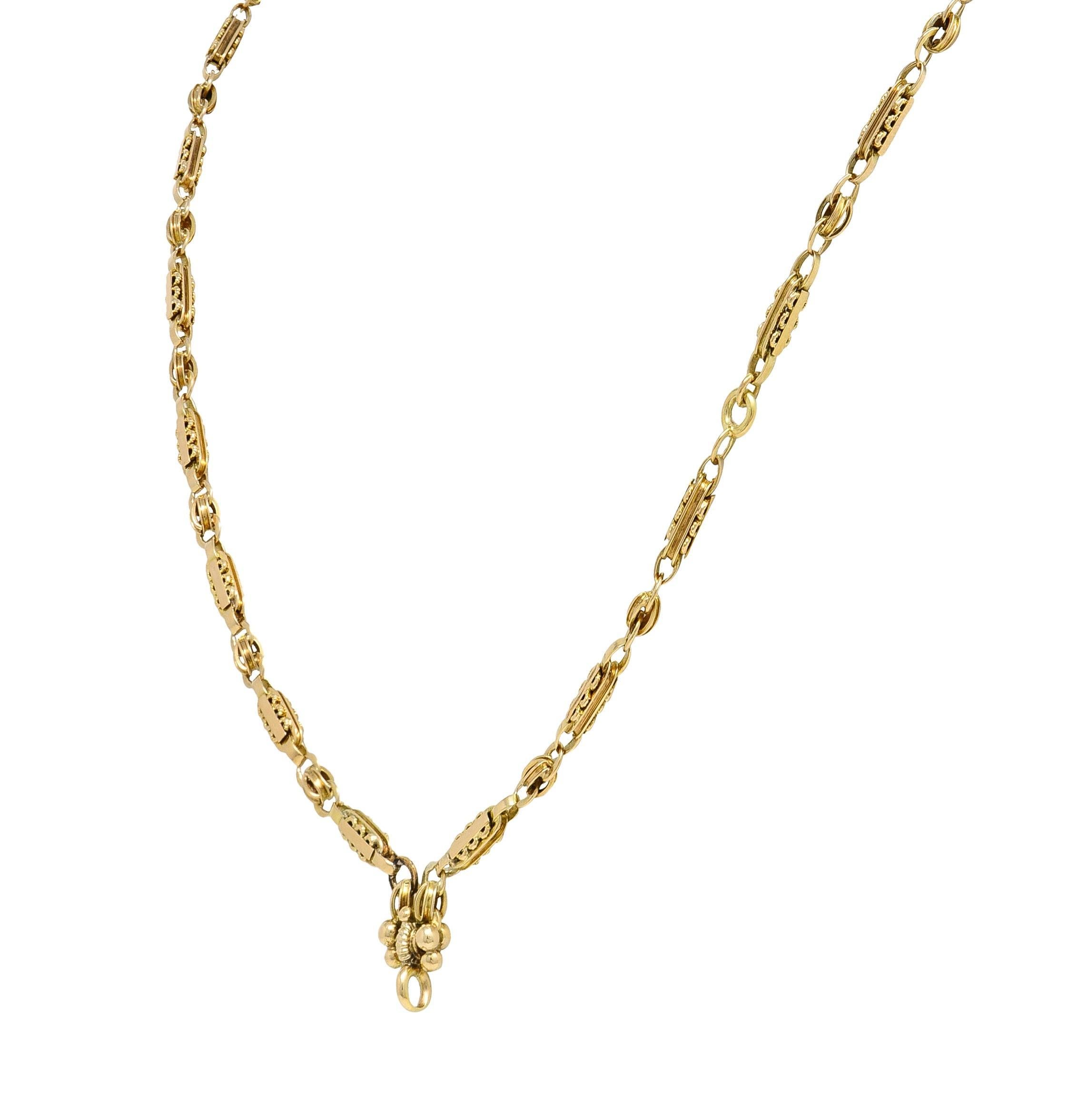 Viktorianische Halskette aus 14 Karat Gelbgold mit antiker Bar-Gliederkette und antiker Knopfleiste für Damen oder Herren