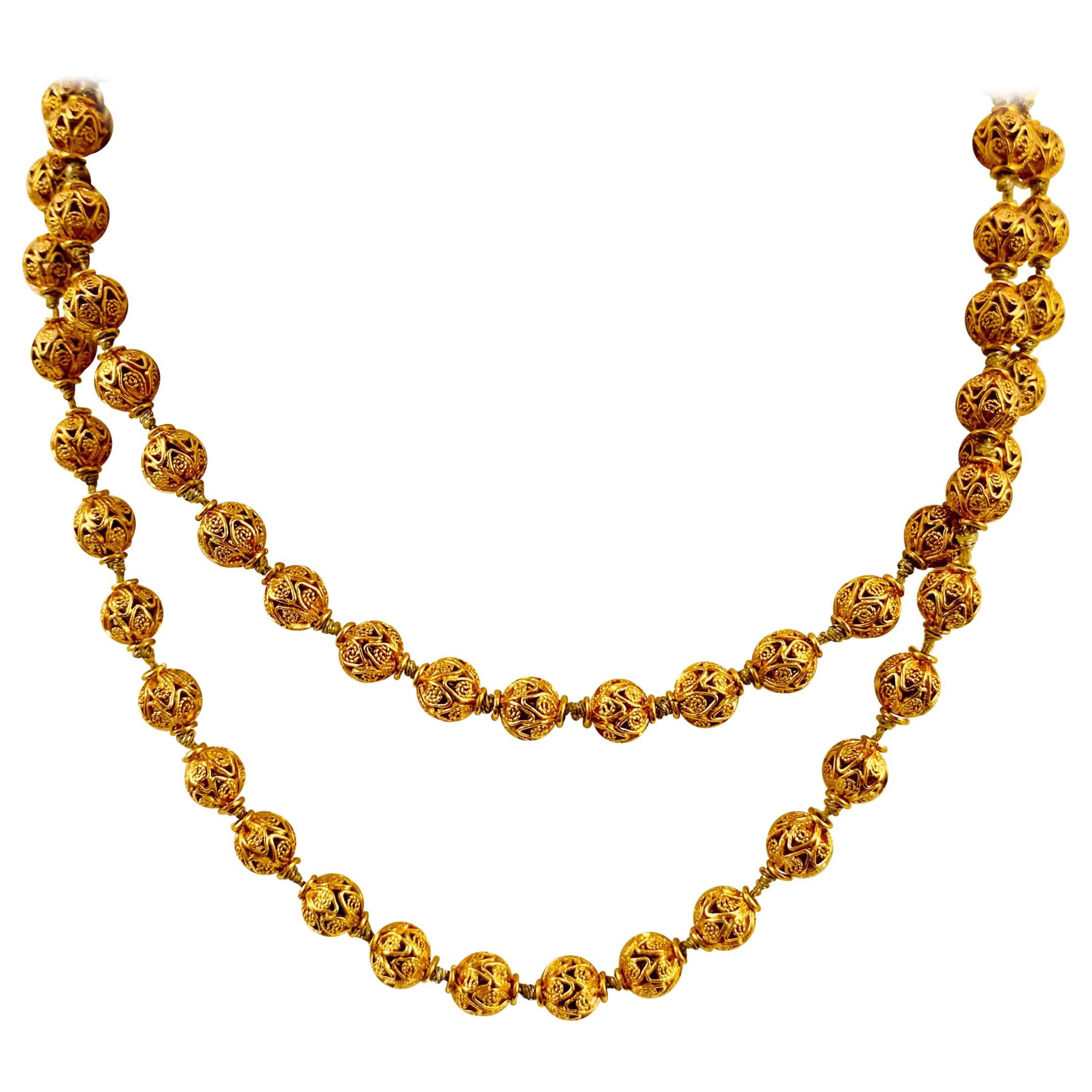 Victorian 14 Karat Yellow Gold Filigree Beaded Necklace