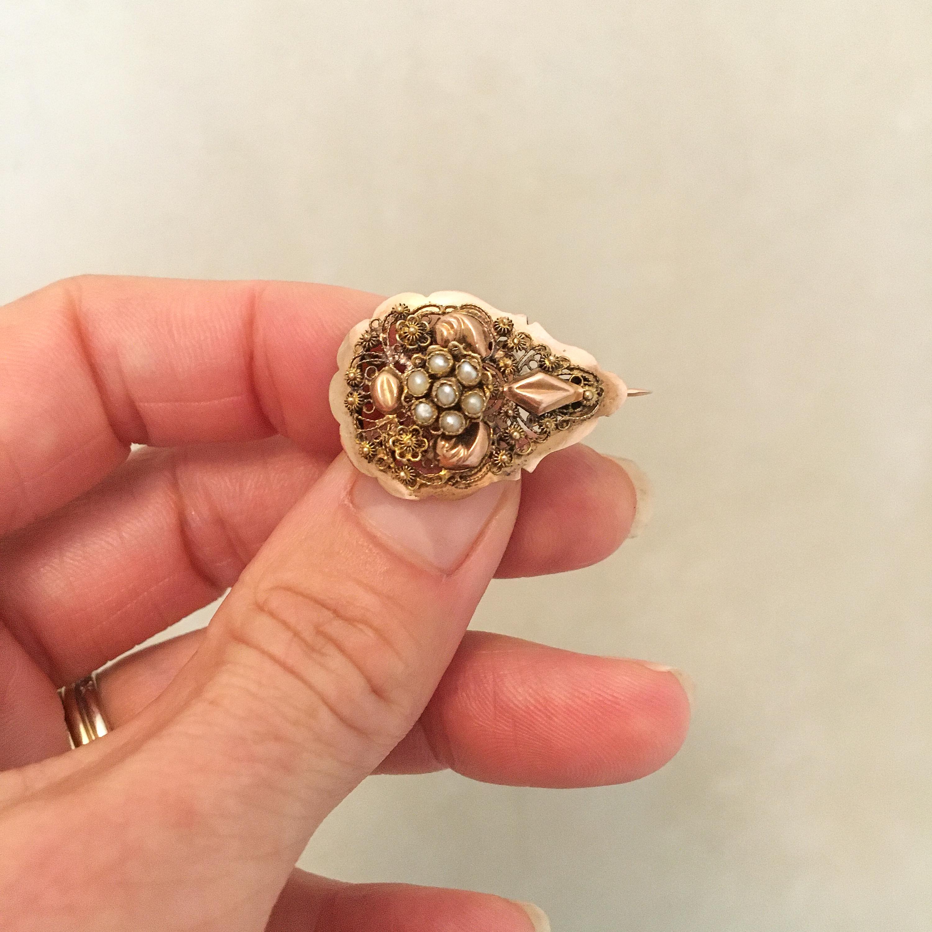 Victorian Antique Gold Cannetille and Seed Pearl Pin Brooch For Sale