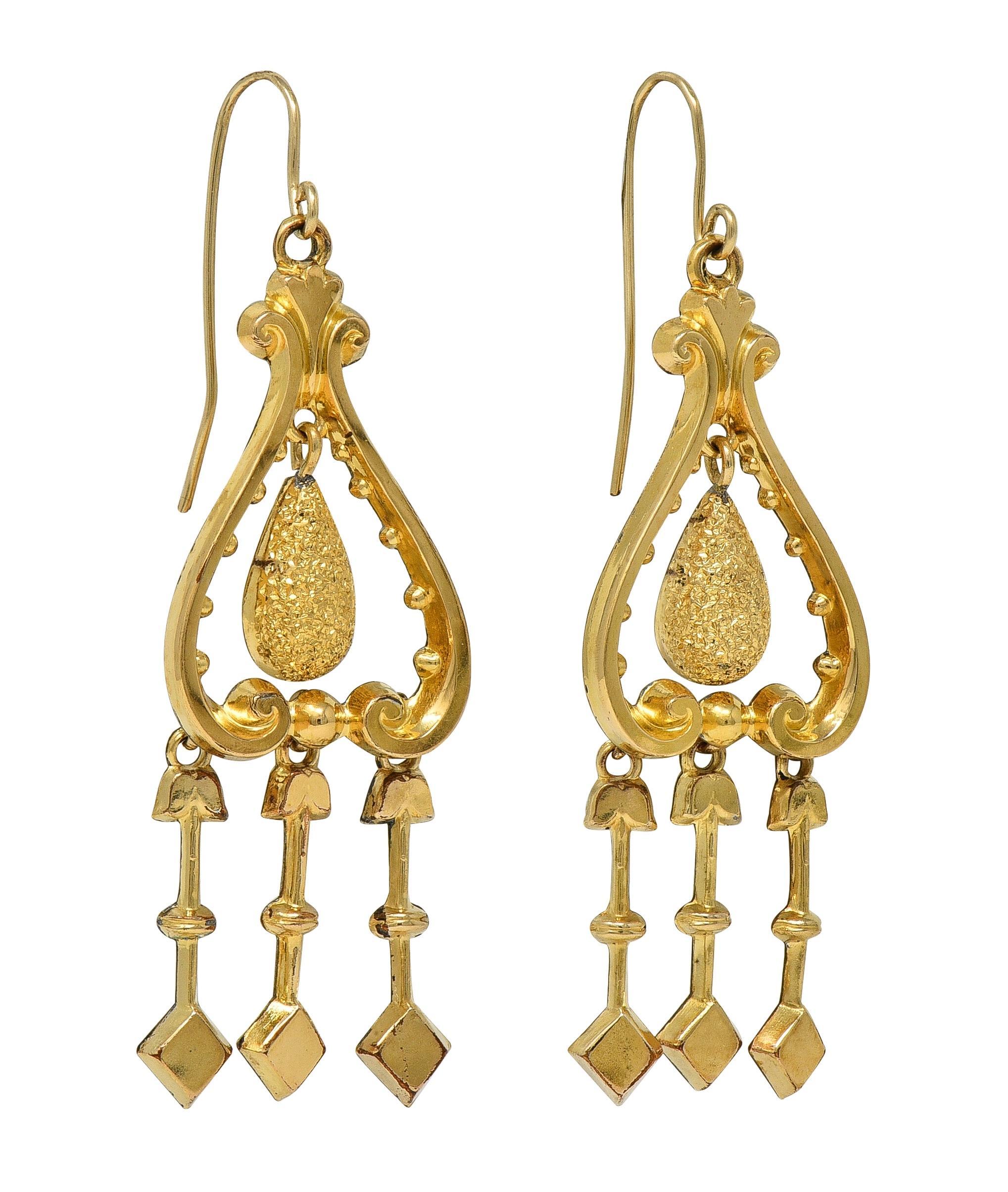 Pendientes de Gota Antiguos Victorianos de Oro Amarillo de 14 Kilates con Flecos