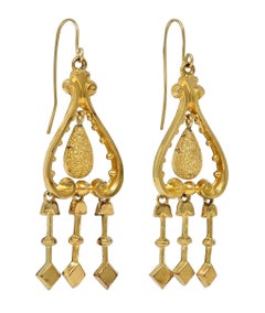 Pendientes de Gota Antiguos Victorianos de Oro Amarillo de 14 Kilates con Flecos