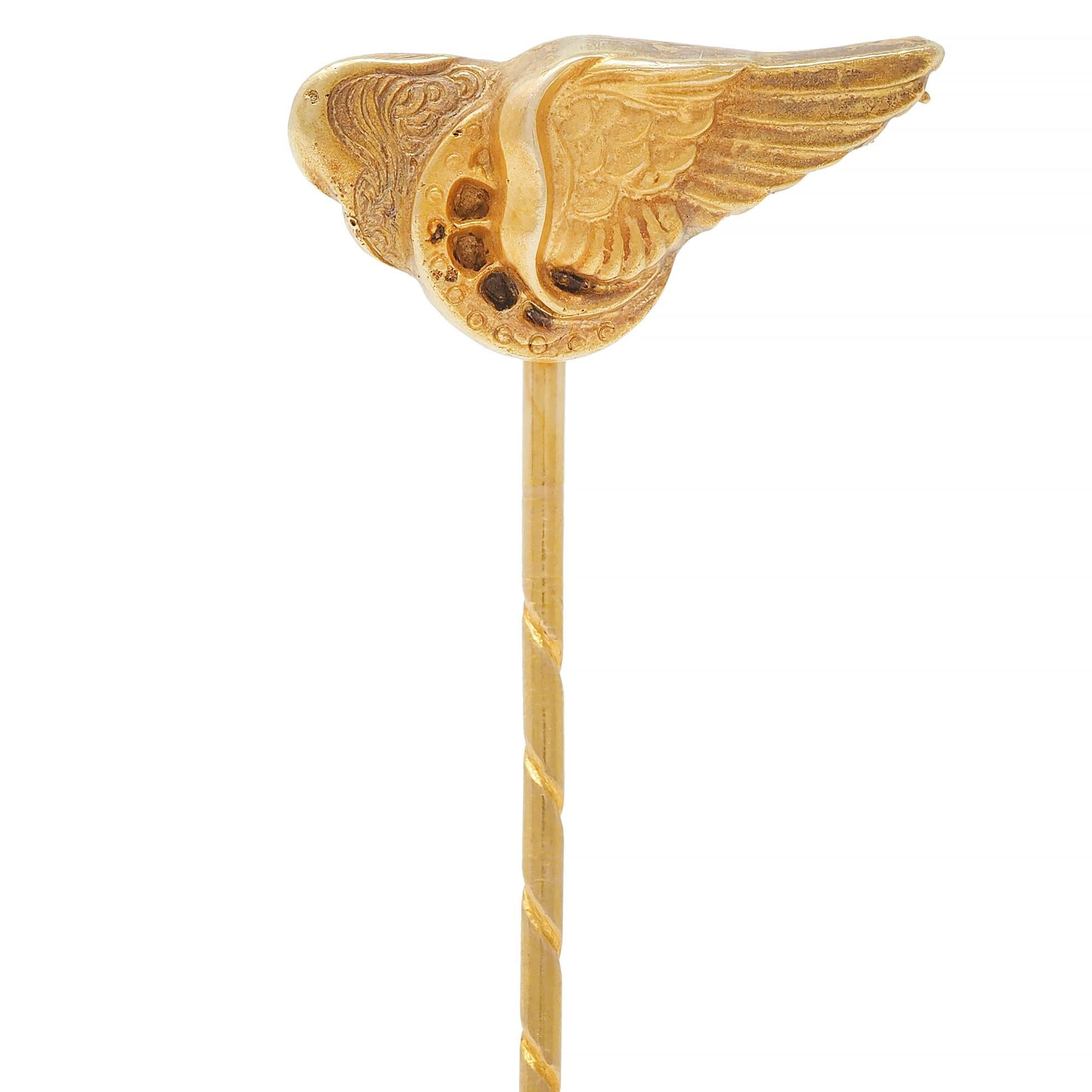 Women's or Men's Victorian 14 Karat Yellow Gold Greek Winged Wheel Of Hermes Antique Stickpin For Sale