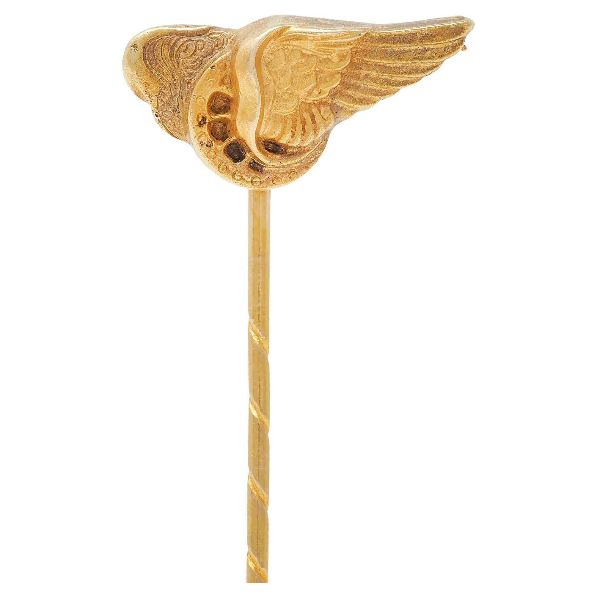 Victorian 14 Karat Yellow Gold Greek Winged Wheel Of Hermes Antique Stickpin