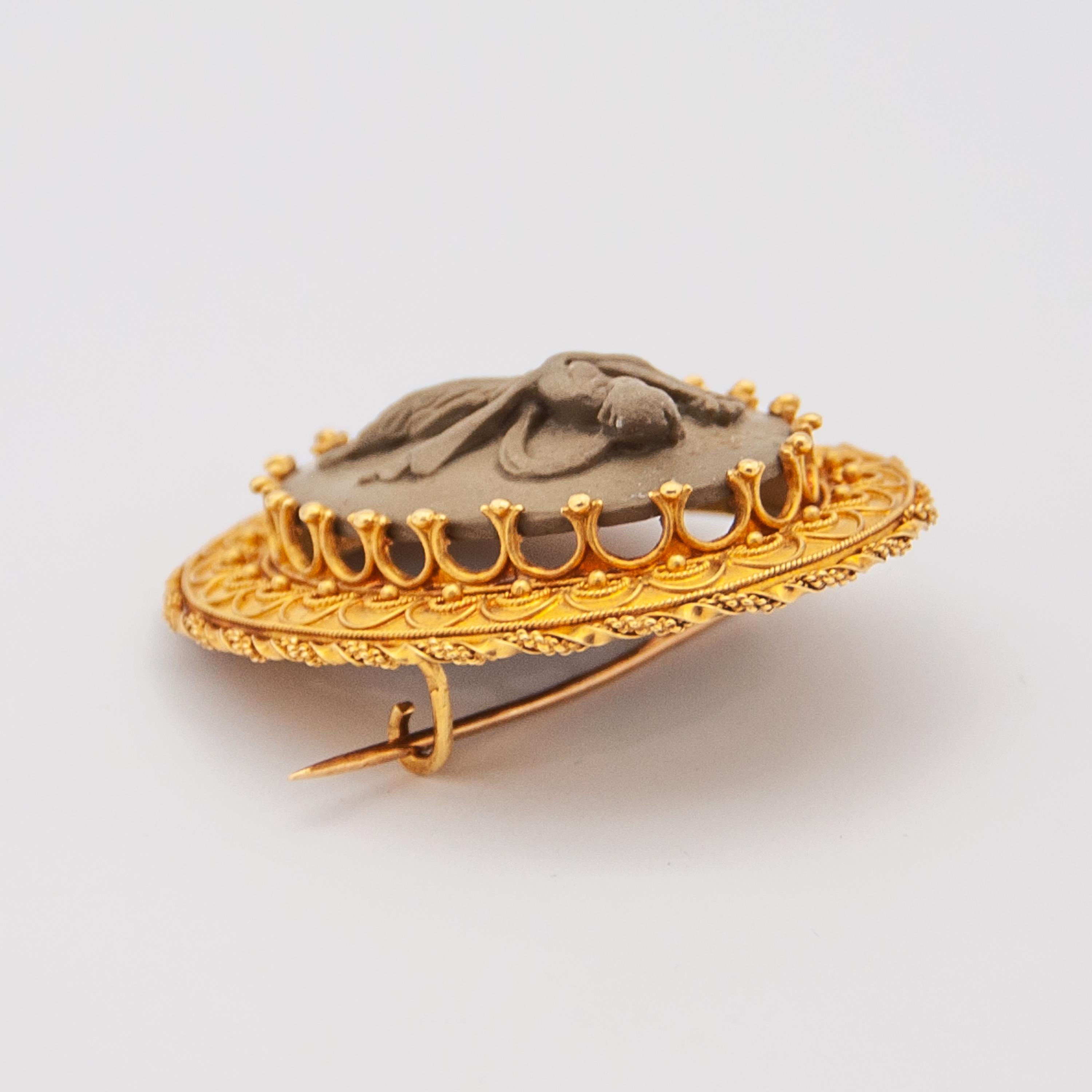 Antique Victorian 14K Yellow Gold Lava Cameo Brooch For Sale 2